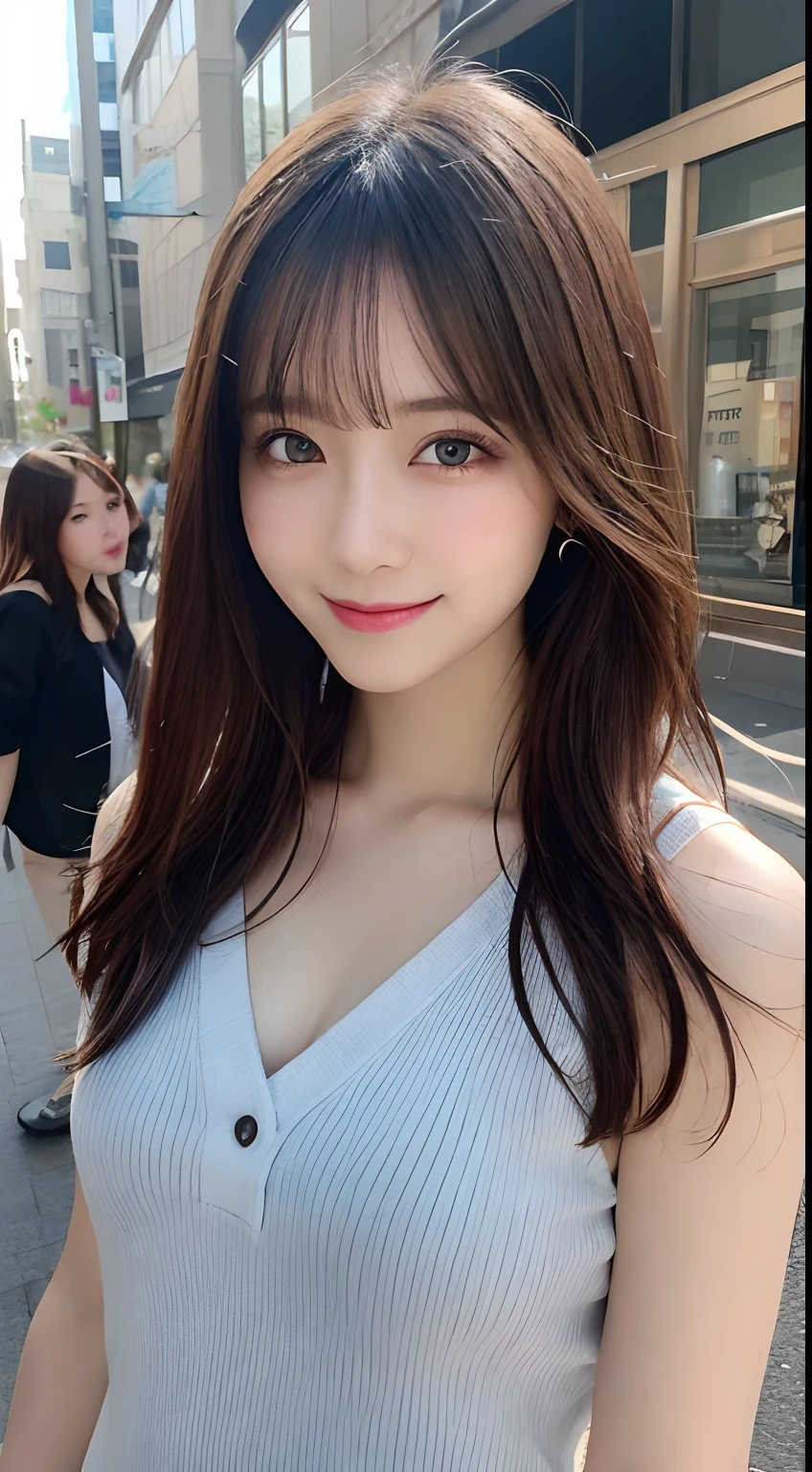 masutepiece, Best Quality, Illustration, Ultra-detailed, finely detail, hight resolution, 8K Wallpaper, Perfect dynamic composition, Beautiful detailed eyes, Women's Fashion Summer,Medium Hair,small tits,Natural Color Lip, Bold sexy poses,Smile,Minato-ku, tokyo prefecture、20 years girl、Cute、Sexy shot looking at camera