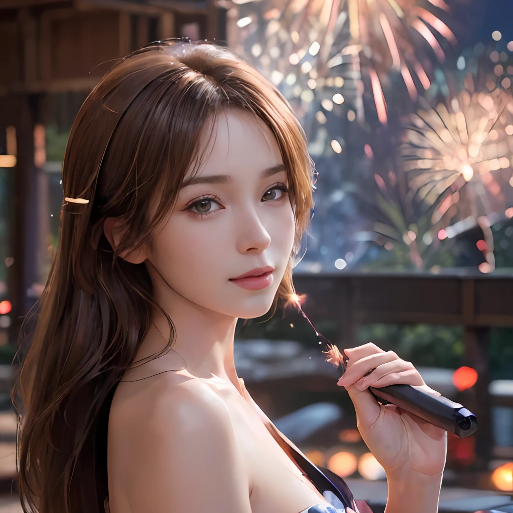 (pre-focused), (Darkness: 1.6), cinema lighting, hyper-realism women by David Hockney and Alphonse Mucha, photorealistic, paleskin, dynamic lighting, art station, posters, dark lighting, (((very detailed face)), mature atmosphere, eye detail, 8K, 1 girl, cool beautiful face, high nose, Ghibli heroine face, slender, glamorous body, (((taut)), ((big)), erotic body, stunning proportions, short shoulders, long legs, wide waist, sexy style, waist constriction, ((small triangular face)), natural makeup, beautiful makeup, narrow eyes, pool, night, (((fireworks)), ((floral pattern yukata)), ((kimono)) Waistband, cowboy shot, (formal attire: 1.4), hair detail, hair is up, brown hair, background bokeh, (super low angle), frontal shot, small smile, various poses, (((positive face)), face does not collapse, shoulders do not show, medium close up,