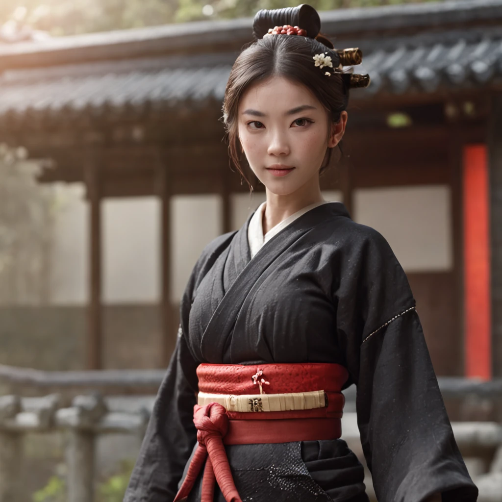 Samurai Woman、One lady、Black yukata、black masks、((Yukata)),innocent smiles，(1girl in, Solo:1.6),(Best Impact:1.5), (maximalism:1.7),Vivid contrast, (Realistic), hyperrealistic illustrations, hight resolution, ultra-detailliert, absurderes,(Fractal Art:1.3)、brown haired、Retro、Precise focus、cinema4d、Short-cut hair、