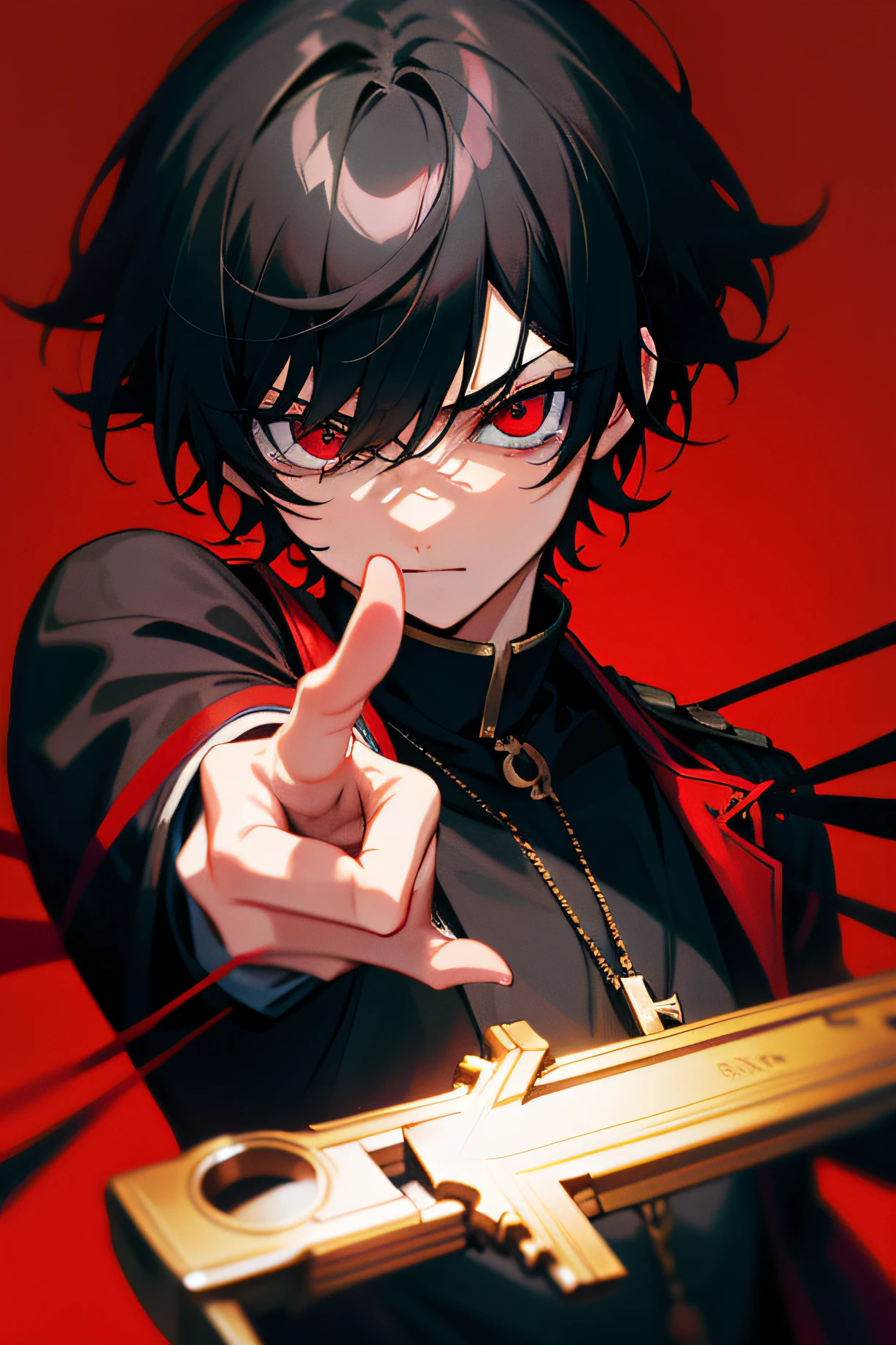 Black-haired, red-eyed boy，Point to the key in front of you