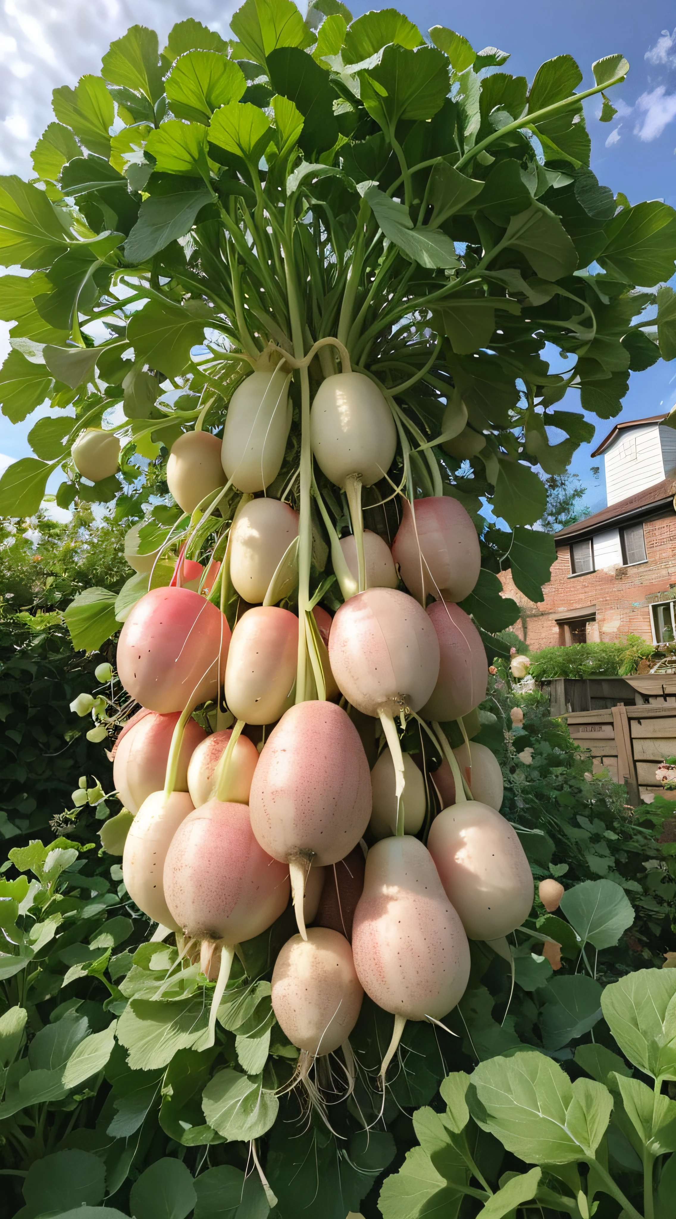 There are many radishes hanging from the trees in the garden, turnip hair, human onion hybrid, Lush fertile fecundity, All grow inside a huge one, look from down,, elated gaunt onion head, High picture quality, V tuber, ❤🔥🍄🌪