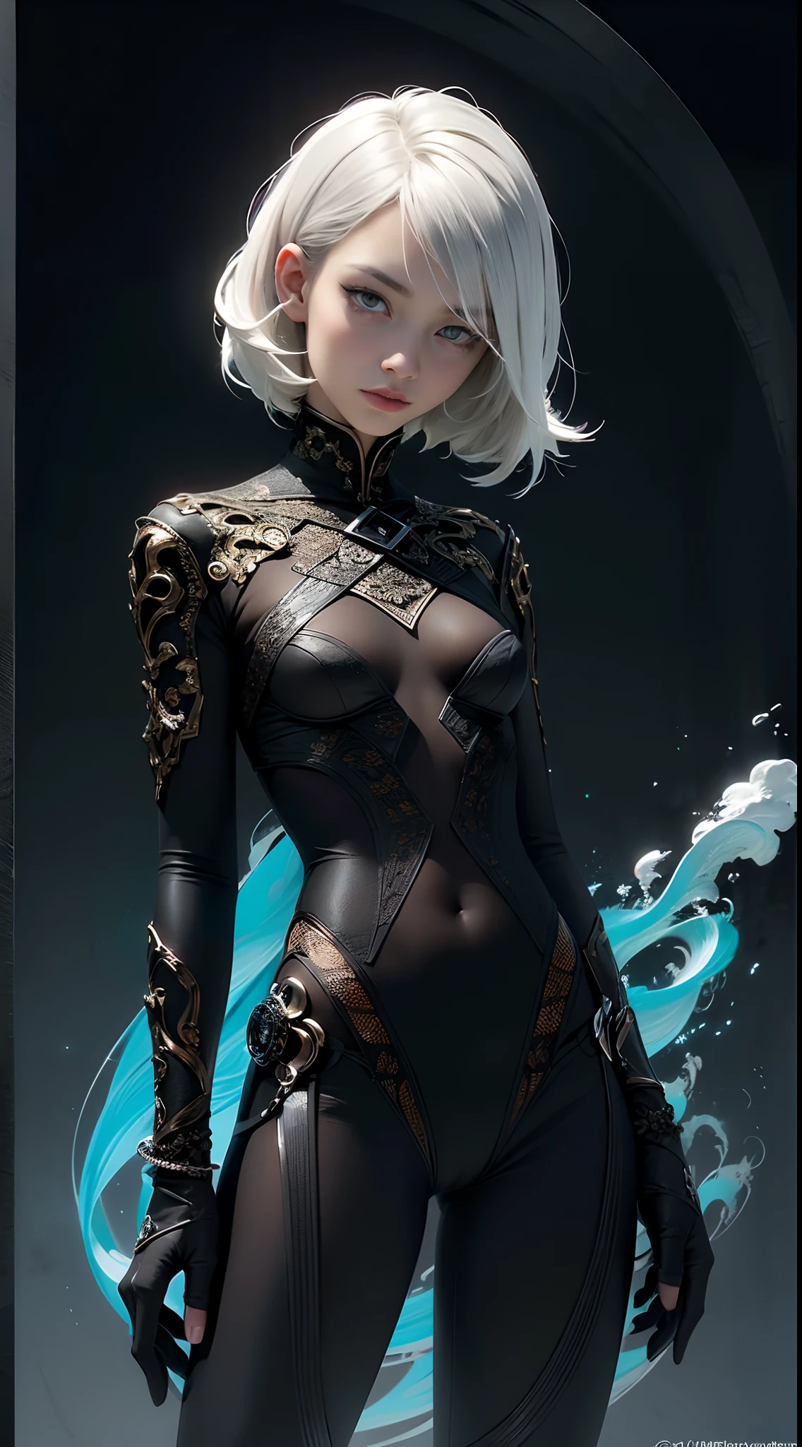Female necromancer conjuring green flames,(hoang lap,A high resolution,hyper detailled),Black Soul theme, leather,Off-white,necromancer, necromancy,Background of details,Northern Valley,Irithyll,Cold moon,Rule of thirds,boundage,Diablo 4 style,intricate-detail,Diablo color theme,(offcial art,Beauty and aesthetics:1.2),(Dark art,erode, fractal art:1.3),rich colourful,horryfing,highest details, (green eyes: 2), white hair with blue tips, blue colored inner hair, short hair, solo, 1girl, slim, small breasts, green flames