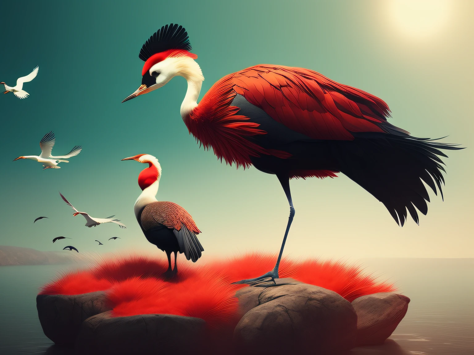 There is a one-legged red-crowned crane standing on a rock in the grass, a digital painting inspired by Mike Winkelmann, cgsociety contest winner, Fantasy art, fiery bird, birds f cgsociety, Beautiful digital artwork, surrealistic bird, Fantasy art Behance, stunning digital illustration, artwork of a phoenix, surrealistic bird, trend on behance 3d art