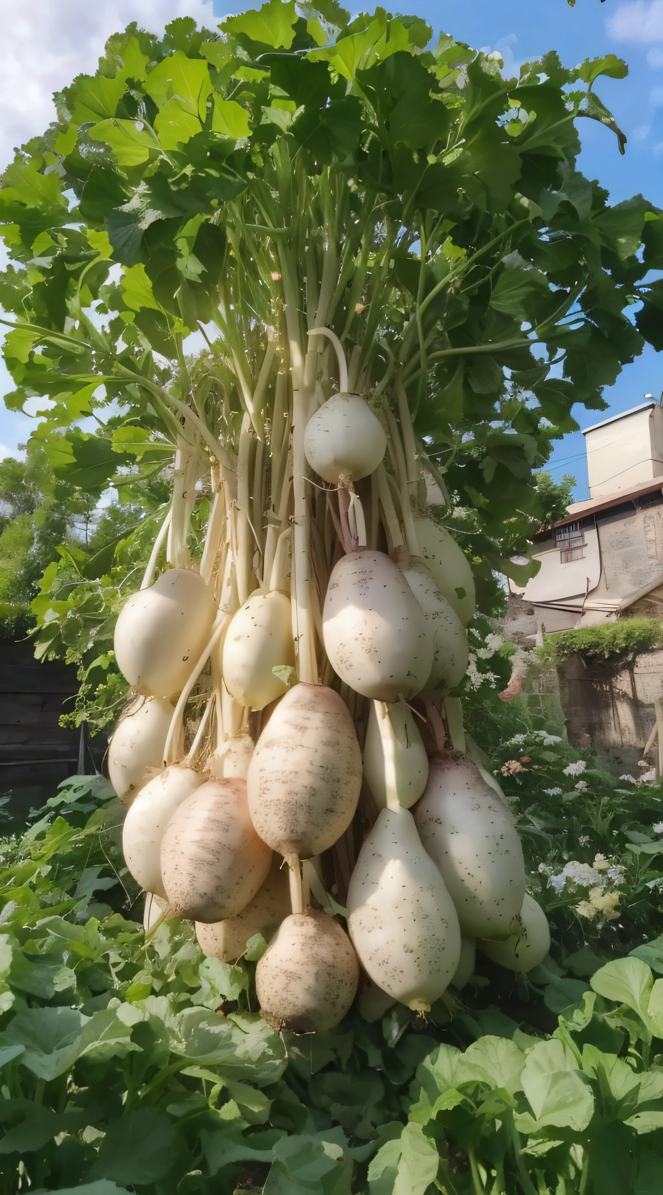 There are many radishes hanging from the trees in the garden, turnip hair, Onion hybridization, All grow inside a huge one, Lush fertile fecundity, look from down, elated gaunt onion head, High picture quality, V tuber,