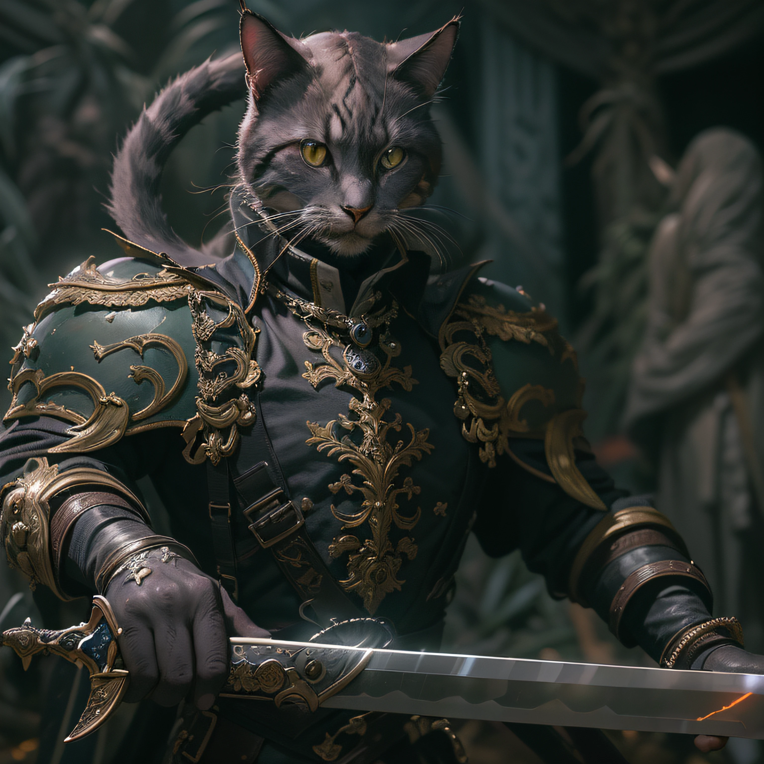 (Numerous award-winning masterpieces of, With incredible details, textures and maximum detail), (Ultra photo realsisim:1.4),A Catwoman,(Cat royalty:1.4),, (Realistic:1.3), (best quality real texture skin), (up of the upper body:0.4), (full-body standing image:1.8), (Beautiful pupils), (Glowing eyes in the dark:1.5), (Delicate and beautiful face: 1.6), ((medieval world)), (Noble Elvis:1.4), (The royal palace aristocratic room:1.8), (Full body armor with elaborate decoration), (There are a lot of scratches on the armor, But beautifully decorated: 1.5), (Crown on head: 1.5), (full-body portraits:1.8), ((head looking up)), ((Looking down)), (Grip the hilt of an elaborately decorated black longsword，The hilt of the sword emits a terrifying light:1.7), (dramatic pose), black web robe, Spider on armor, (A strong Elvis who fights enemies), (Noble Elvis Presley fighting enemies), fantasy, ((Dramatic photo)), ((dynamic photo)), (Full body view), Highly detailed, Ultra-realistic, Intricate details, Painting (artwork of a), ((Masterpiece,Best quality)), ((Cinematic light)), Ultra photo realsisim, fearsome, Dark fantasy , Detailed armor, Detailed helmet, epic realistic, Faded, ((com cores neutras)), art, (hdr:1.5), (pastel colour:1.2), ultra - detailed, (Art Station:1.5), Cinematic, warm lights, Light effect, Dramaticlight, (Intricate details:1.1), the complex background, (greg rutkovsky:0.8), (Teal and orange:0.4), Old ruins infested with plants, Deserted ruins, crumbling ruins, Twilight, Sunset, Dusk, battlefield, Bio-luminescence,