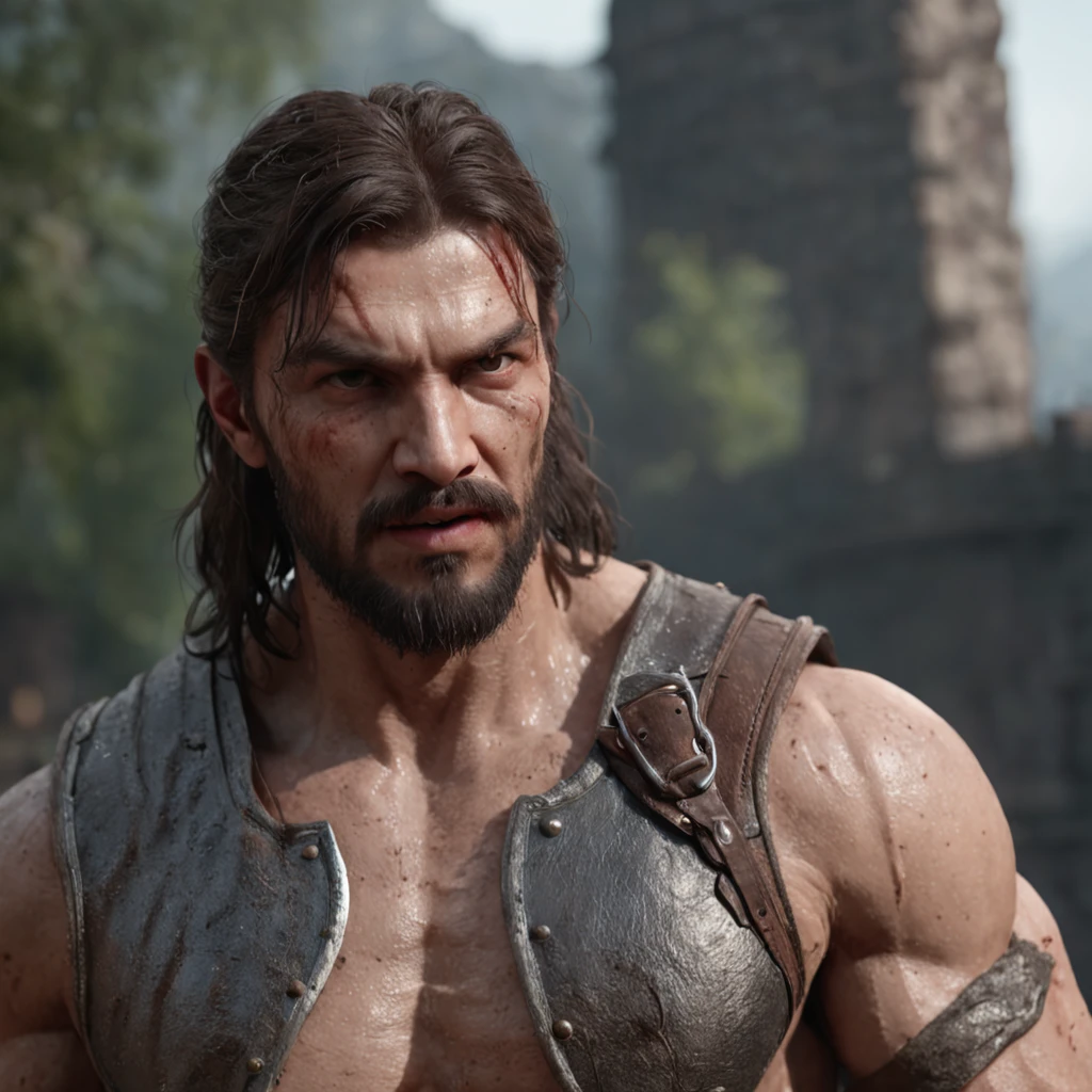 (Professional 3D Rendering:1.3) in the (Realistic:1.3) The most beautiful artwork photos in the world,Features soft and shiny male heroes, ((Epic Hero Fantasy Muscle ManRough Wet Hero Angry Long Hair Short Beard and Ferocious Expression in Dynamic Pose, fantastic location, majestic cluttered environment)), Full body 8K unity rendering, action SHOT, skin pore, Very dark lighting, Heavy shading, Detailed, Detailed face, (Vibrant, photos realistic, Realistic, Dramatic, Dark, Sharp Focus, 8K), (Old leather garments damaged by weathering:1.4), ((((Wear fur)))), (Convoluted:1.4), Decadent, (Highly detailed:1.4), Digital Painting, rendering by octane, art stations, concept-art, Smooth, Sharp Focus, Illustration, Art Germ, (Roisch:0.23), Vlop Ilya Kuvshinov, Gregg Rutkowski and Alphonse Mucha Gracias, (Global Illumination, studio lights, volumettic light), Heavy rain, particles floating, lotr, Fantasy, elf, full body Esbian, ((Dark ancient city background:1.3)),CG Sessa,art stations