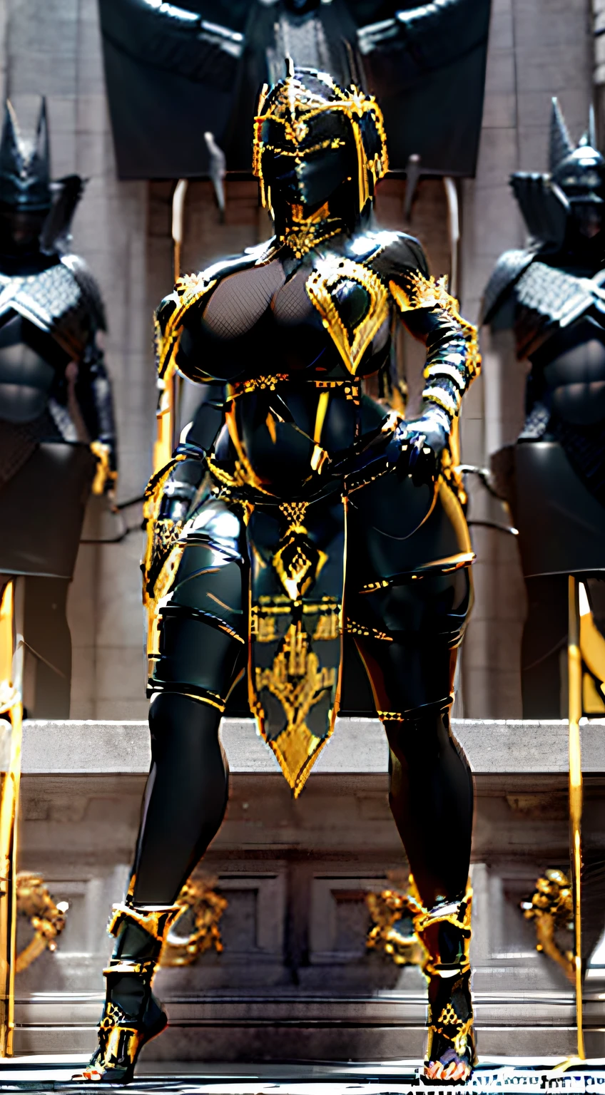 there is a woman in a black outfit holding a sword, cinematic goddess body shot, unreal engine rendered + A goddess, extremely detailed goddess shot, heavy black obsidian armor, ornate bikini armor, black fire color reflected armor, light coming off of the armor, Black shiny armor, thick armor, Heavy gold obsidian armor, bikini armor, thicc, in monster hunter armor
