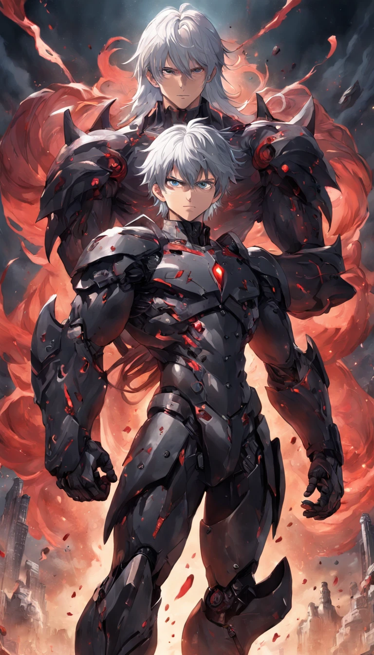 Silver-haired young man with black machine on five bodies, Huge barrel in right hand, Crimson sword in left hand, Booster on the back, Surrealism, UHD, masterpiece, anatomically correct, textured skin, award winning, best quality, highres