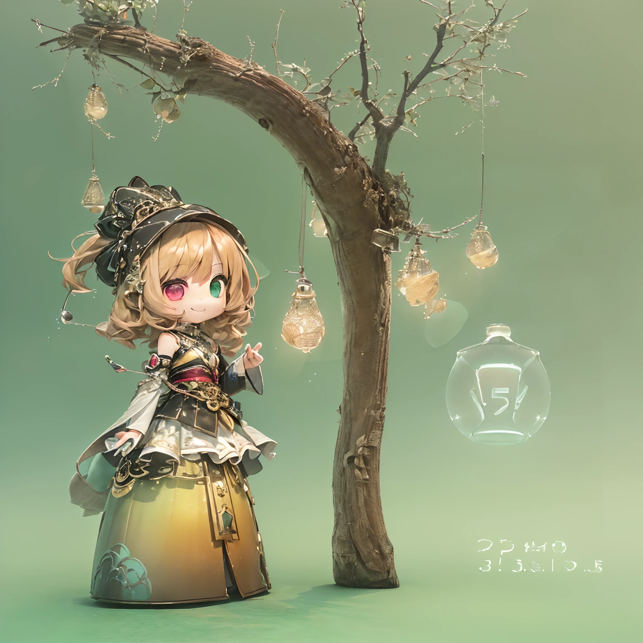 (Chibi:1.5)((masutepiece, of the highest quality, Watercolor art (Pendants), Beautiful and aesthetic: 1.2)), (Golden ratio: 1.2), (Full body: 1.2), (Super Detail: 1.3), (1 persons:1.5)、(1 girl: 1.3), (Fractal Art: 1.3), (Glitter Pupil)),(Brown hair: 1.2)),  (Heterochromia), (Colorful: 1.5), (((Shy face)),  (full body Esbian), (Hyper-detailing), ((delicate detail)), (intricate-detail), ((Cinematic Light, Highest quality backlight)), High contrast, ((The best lighting, Very delicate and beautiful)), (( Cinematic Light)), (ray trace reflection, Glow), (((glowing aura)), ((Glowing hair)), ((Super Detail)), (8K)), ((a closeup)),  ((Seductive smile)) ,((FULL BODYSHOT))、(Chibi:1.5)、(3D Rendering:1.5, Plastic Texture:1.5, Chibi deformation:1.5, Full body, Front view:1.5),（Cane in hand:1.5、Black Wizard Robe:1.5,Braids:1.5)