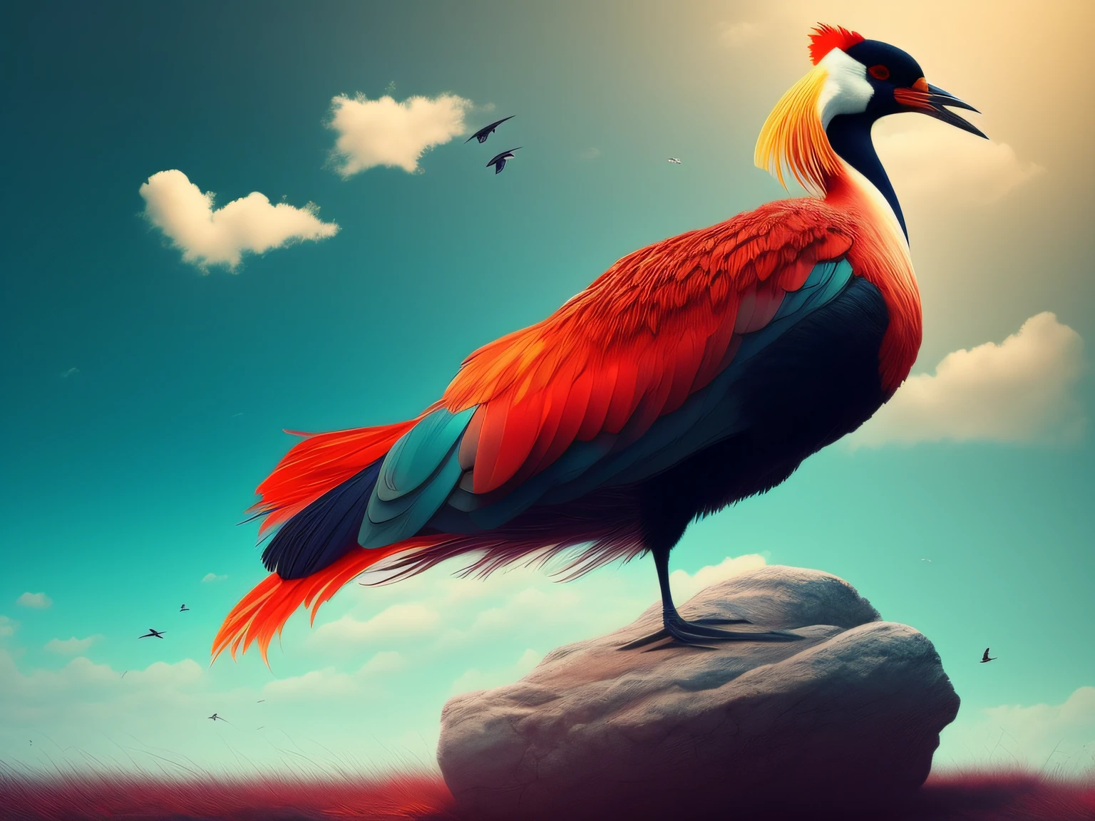 There is a one-legged red-crowned crane standing on a rock in the grass, Cyan back feathers,Red belly feathers,White mouth,a digital painting inspired by Mike Winkelmann, cgsociety contest winner, Fantasy art, fiery bird, birds f cgsociety, Beautiful digital artwork, surrealistic bird, Fantasy art Behance, stunning digital illustration, artwork of a phoenix, surrealistic bird, trend on behance 3d art