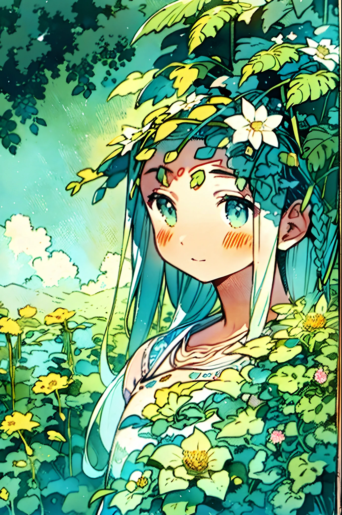 watercolor paiting, 1girll, Playful,with a round face,Short face,soio, florals, long eyelasher, opening eyes,Gradient color eyes,ssmile, Be red in the face, Blush, blue hairs, The upper part of the body,closeup cleavage,Braided hair on the top of the head, Fold your arms, shift dresses, florals,The picture is delicate,Roles are dynamic and flexible,line sleek,Thin lines,In a grove of flowers,Gentle background,depth of fields,Monet style,((ultra - detailed),beautiful flowers,berries,fern,Foliage,Watercolor pattern in calm colors),(Watercolor texture),Story fairy tale style,