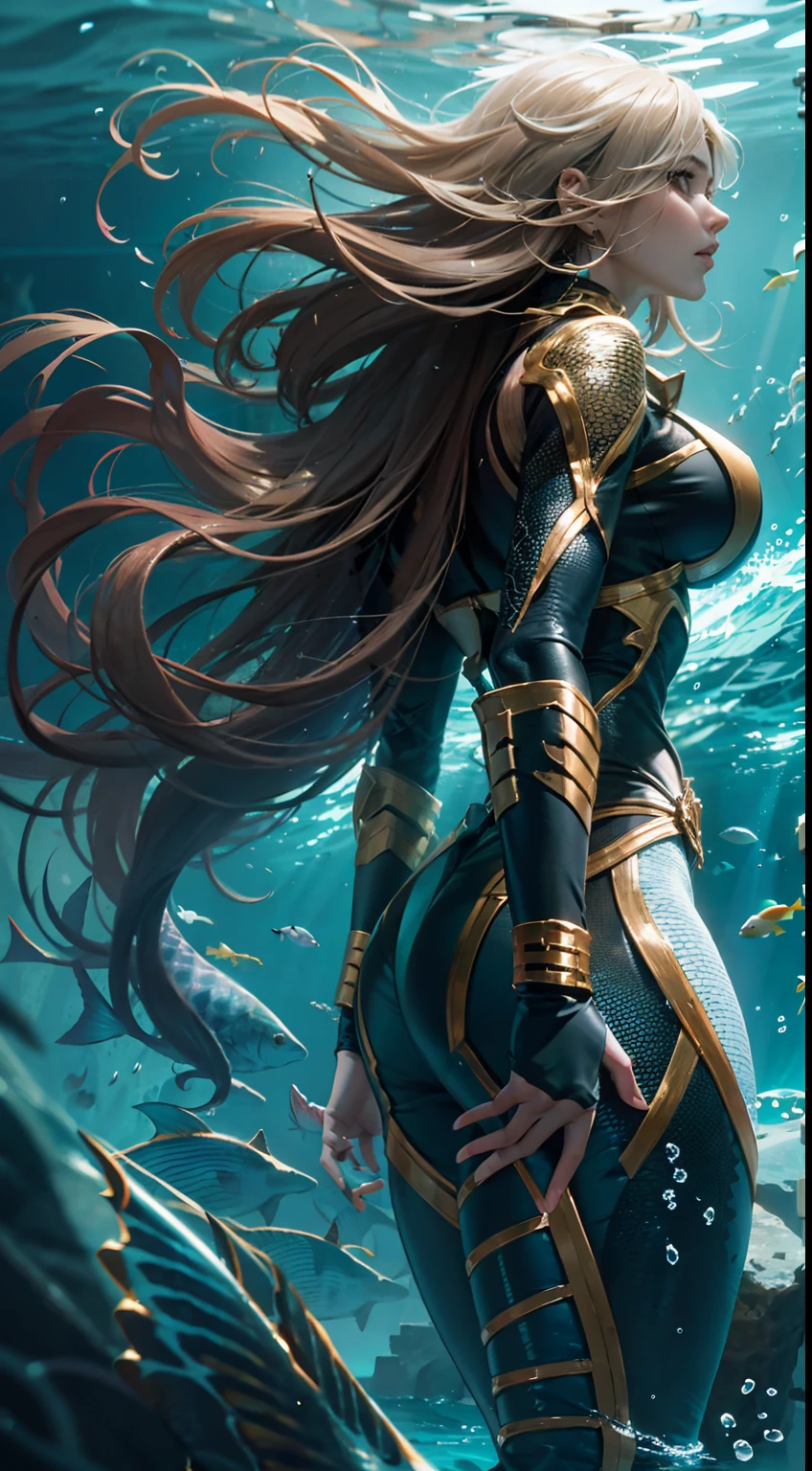 In the deep sea of Atlantis,A thriving underwater world,Undersea castle,(realisticlying:1.2),(hentail realism),(tmasterpiece:1.2),(best qualtiy),(Hyper-detailing),(8K,4K,复杂),(full body shot shot:1),(85mm),Particle light,illuminating,(high detal:1.2),(Detailed face:1.2),largeeyes,beautiful goddess woman,putting makeup on,s the perfect face,Perfect lighting,1girll,DC Super Hero Movie,Participated in movies《Kaio》A corner,Female Aquaman,Brown hair,long whitr hair,Bushy hair,floated hair,Kaio,Kaio,Arthur Curry,stormy sea,Big waves,High winds and waves,Death glow,Serious look, tight leather clothes,Sexy tights,Openwork onesies,high-heels,Thin waist and thick hips,upper legs,Faust,huge boob,Fish scale costume,(Glowing skin),Glowing skin,Yellow aura of power,green pupills,Gravel background,Broken ground,(finelydetailedskin:1.3),(nice hand),Detailed hands,detailed back ground, perfect eyes, Seductive eye, looking at viewert, From the front,cinematric light,edge lit,超高分辨率,Best shadow,delicated,octanerender,unreal-engine,Travel through the underwater world,swim pose,Surrounding wave effect,