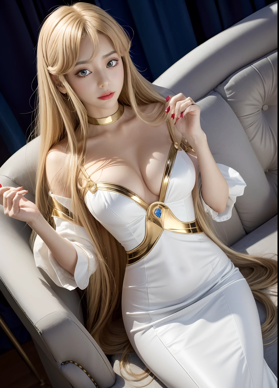 codeGeass、codeGeass_Shamna、blondehair、Raise and decorate bangs、White Straight Dress、Open chest, 1girll, 独奏, Anime coloring, parody,