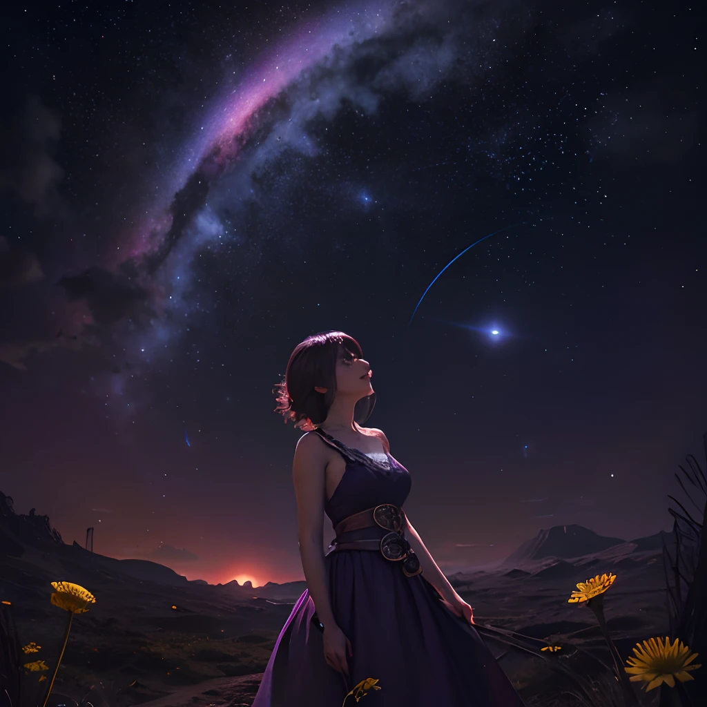 (Absurd, Cinematic, nffsw, Haute, ultra-detailliert, ultra-detailliert), Woman looking up at the sky, upper body closeup, Dark purple sky, Nebulae in the sky, The Last Five in the Sky, Big moon in the sky, shooting stars, Dandelion field, mont, Oil Painting, Detailed dandelion field, Detailed sky, Sunset, unreal engine 4k wallpaper