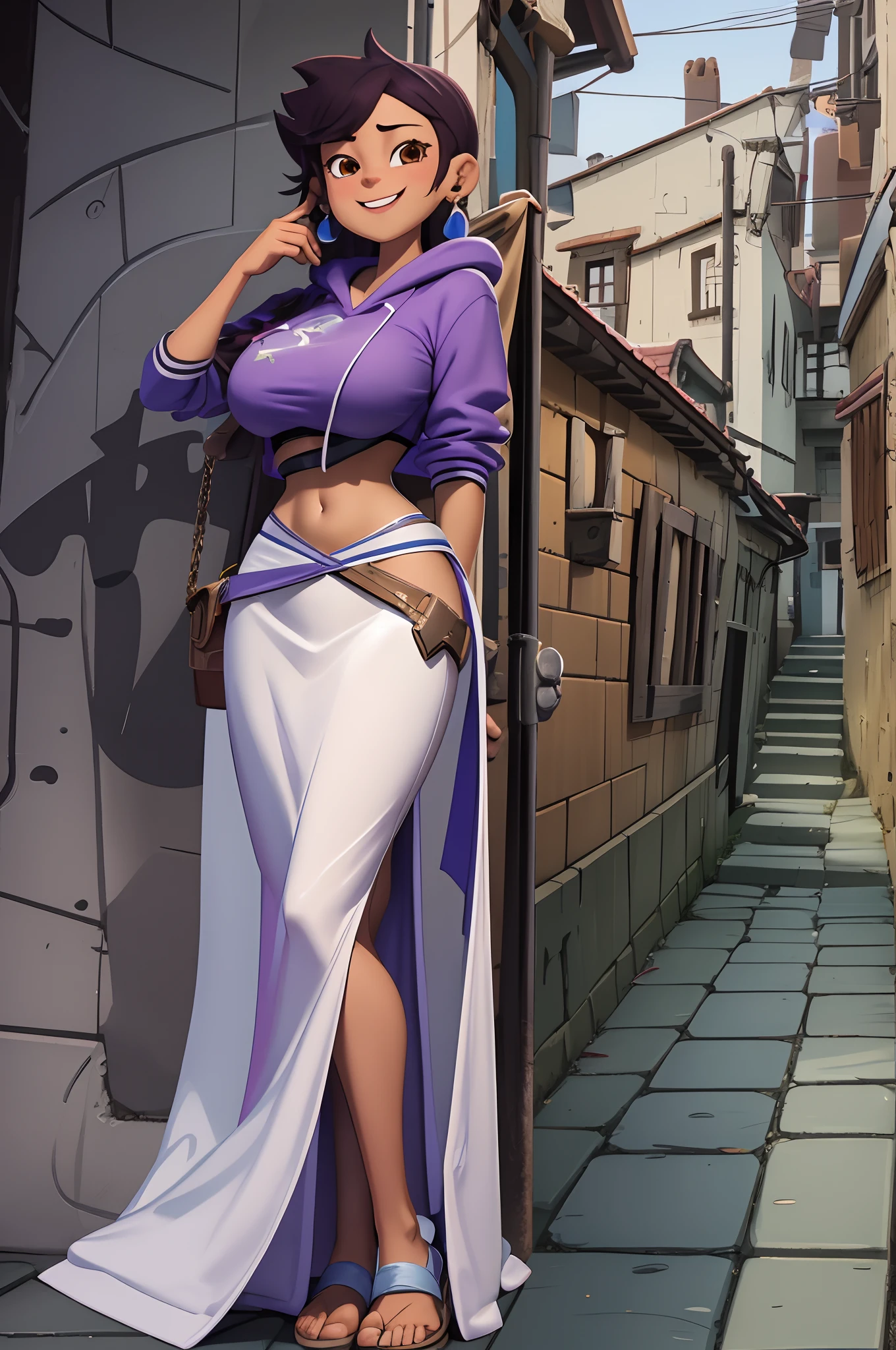 1girl, masterpiece, (detailed background), best quality, absurdres, looking at viewer, smiling, dakimakura,, purple hoody, midriff, white background, white loafers, thighs, kneesocks, luz noceda,, long dress, long skirt,huge breast, full body, flipflops, village spanish europe