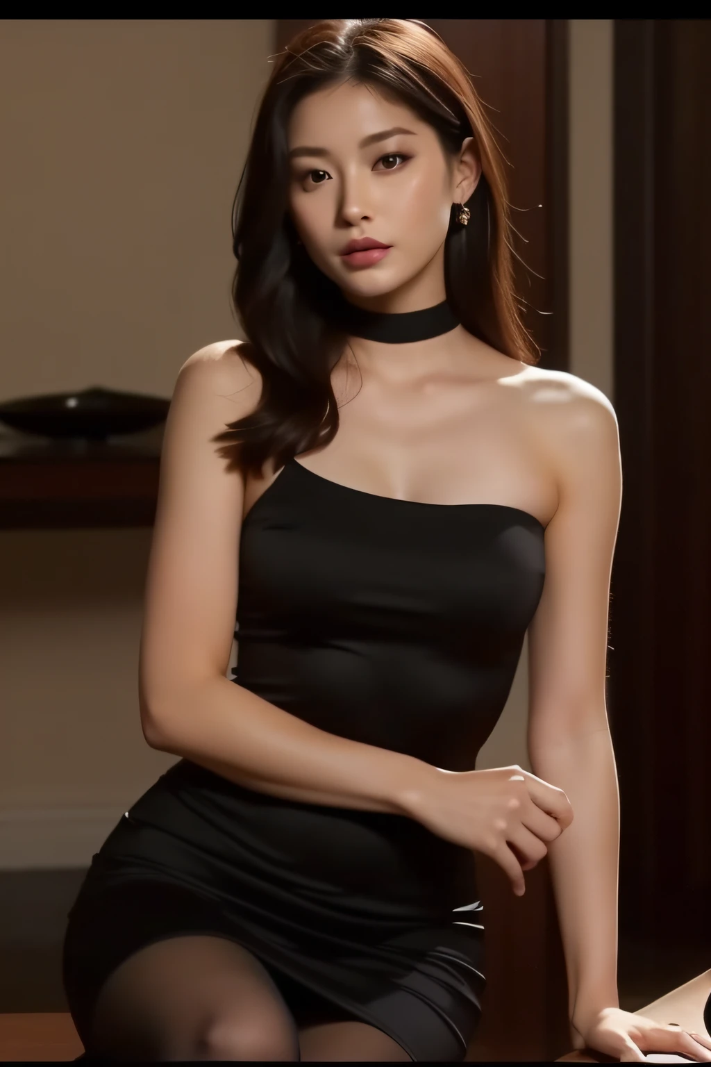 asian woman in a black dress sitting at a table with a glass of wine, a screenshot by Josh Bayer, reddit, tachisme, violet myers, gorgeous lady, gorgeous woman, stunning woman, cute woman, attractive girl, seductive lady, wearing a tight black dress, attractive woman, sexy dress, 21 years old, gorgeous beautiful woman