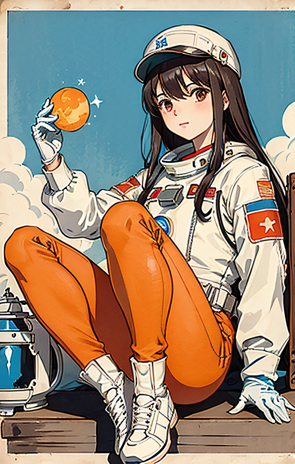 1girl,flatchest,adolable,美丽细致的眼睛,shinny hair,visible through the hair,Hair between the eyes,CCCPposter,sovietposter,Red monochrome,USSR Poster,urss,communism,brunette color hair,red - eyed,Vampires,teens girl,Poor milk,space suit:Orange_clothing_body:jumpsuit ), white_gloves, white_space shoes, white_helmet, CCCP red letter on the top of the helmet, in weightlessness, Side light, reflection, The person in the spacesuit is in the lower left of the picture,Right hand raised,The right hand gently touches the Salyut space station),Space station in the upper right corner of the screen,The sun reflects light,Silver metal,red flags,luster,style of the USSR,diffused reflections,metalictexture,The vista is the blue earth,in mecha style,star ocean,high key,Homem-Imponente