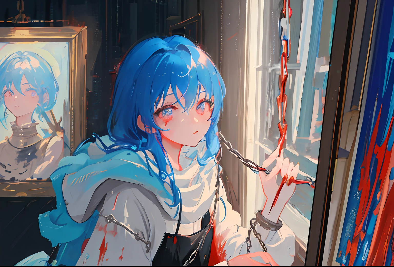 1 girl, upper body, light blue hair, red eyes, blood, chains, dim light, indoors, paintings, portraits