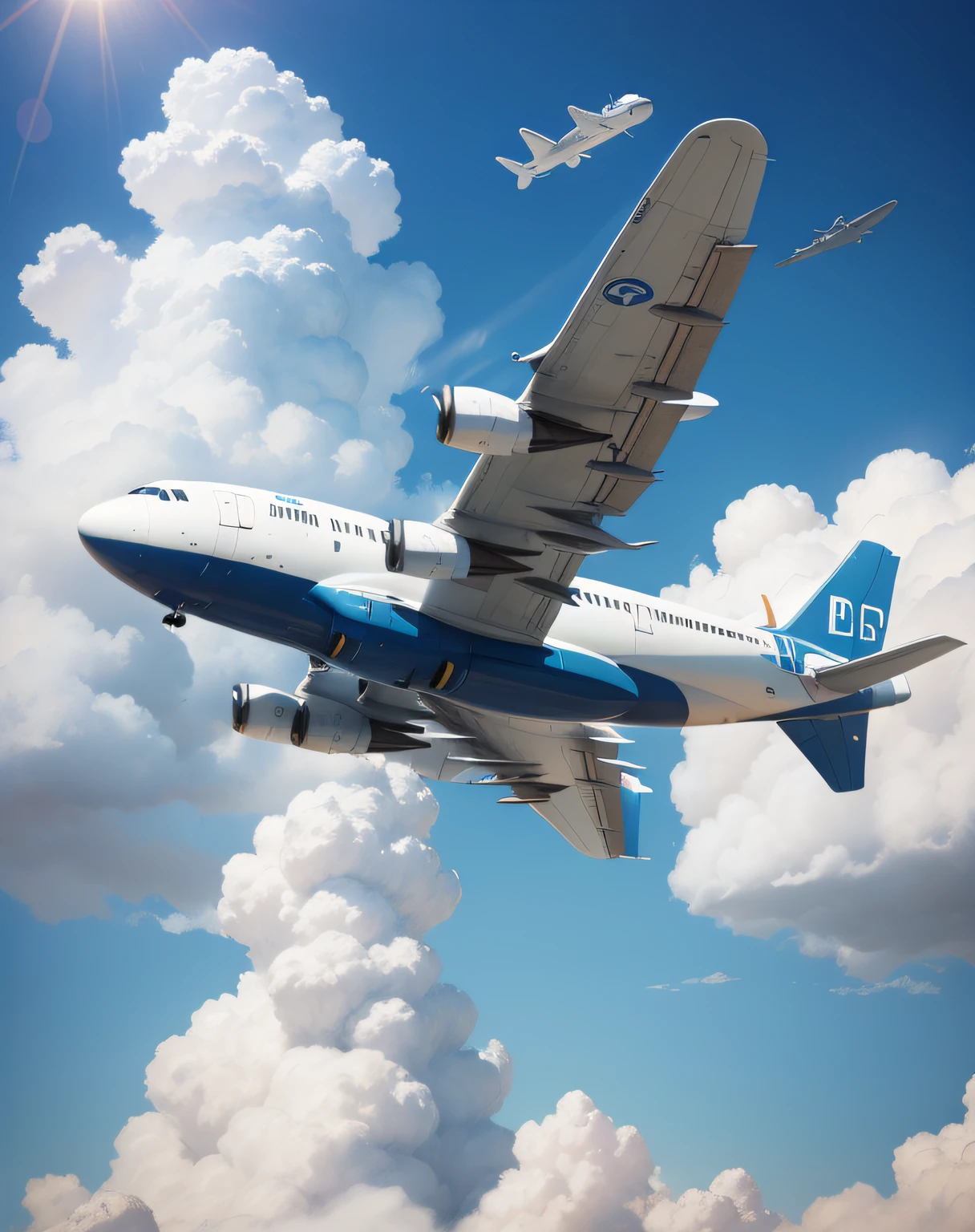 Realistic airplanes,Blue sky and white clouds