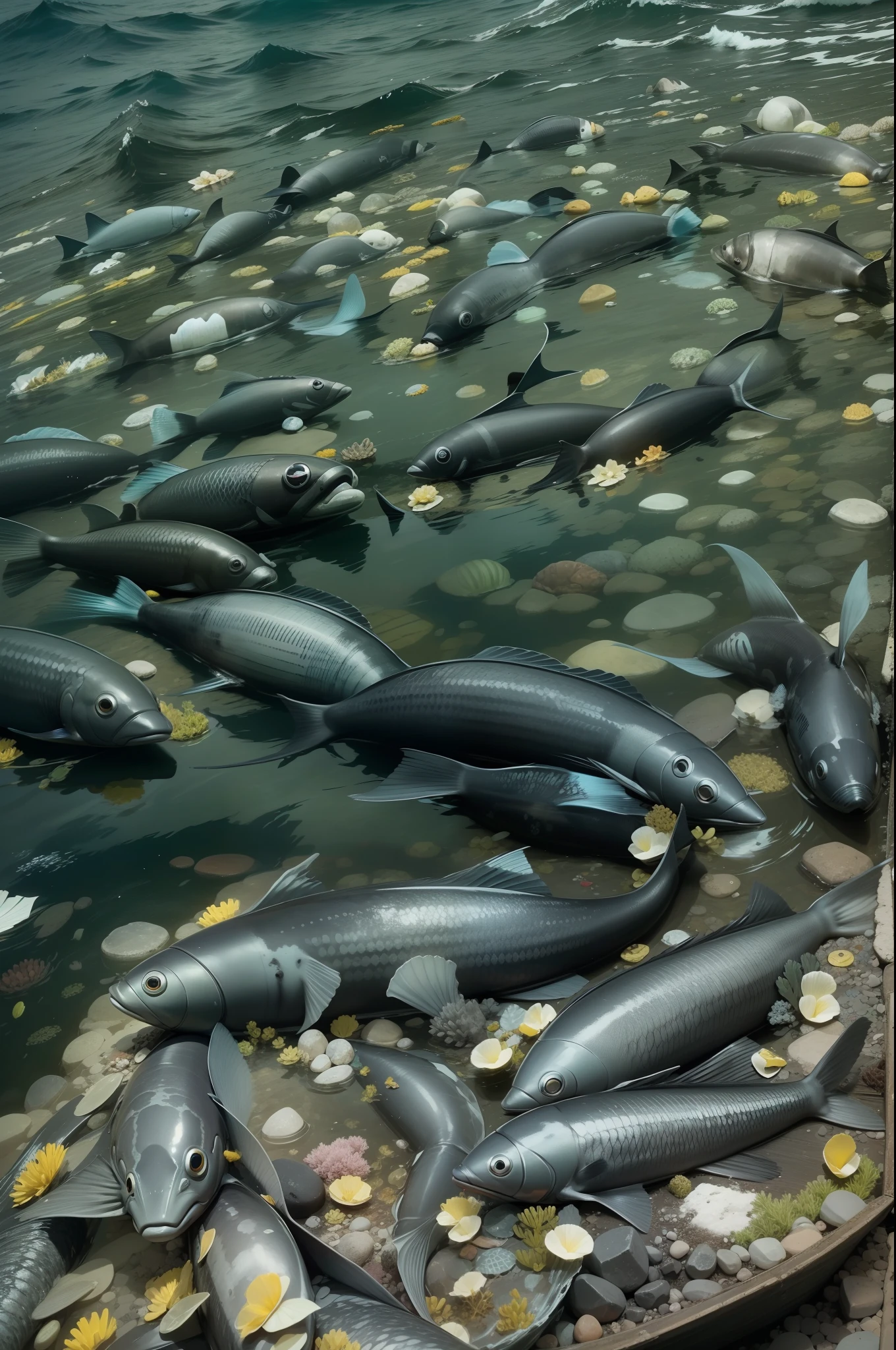 Black seawater,Subsea litter,Polluted oceans,Dead fish