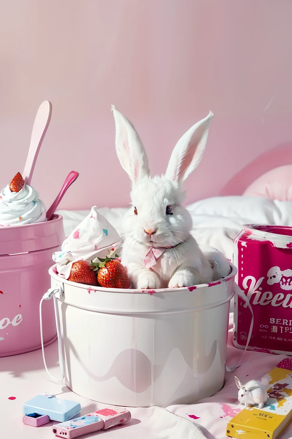 Rabbit in bed、(White rabbit splattered with colorful paint)、The rabbit is stained with colorful paint,a bucket with a lot of paint,,Overflowing paint from a bucket, (Sneakers stained with paint on the bed),Strawberries on the beds、Strawberry jam that falls on the bed,whipped cream、Fender Guitar