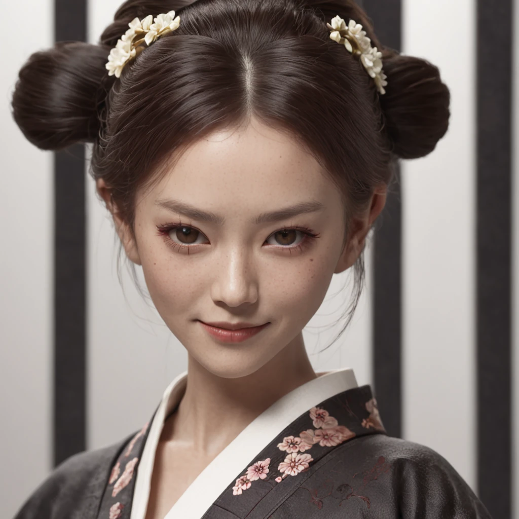 Samurai Woman、One lady、Black yukata、black masks、((Yukata)),innocent smiles,(1girl in, Solo:1.6),(Best Impact:1.5), (maximalism:1.7),Vivid contrast, (Realistic), hyperrealistic illustrations, hight resolution, ultra-detailliert, absurderes,(Fractal Art:1.3)、brown haired、Retro、Precise focus、cinema4d、Short-cut hair、facing front、a smile、