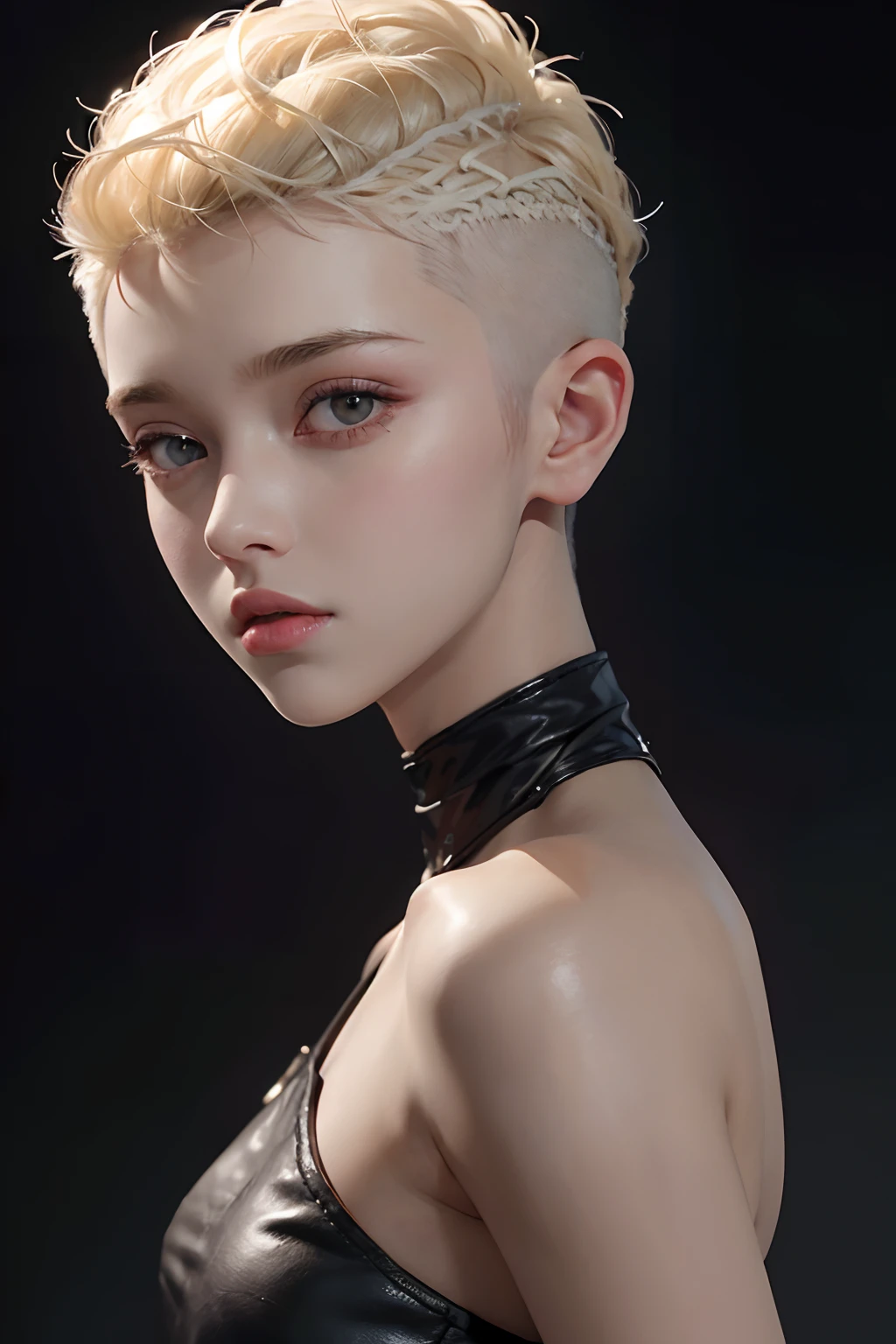 a 20 yo woman, blonde, (hi-top fade:1.3), dark theme, soothing tones, muted colors, high contrast, (natural skin texture, hyperrealism, soft light, sharp)