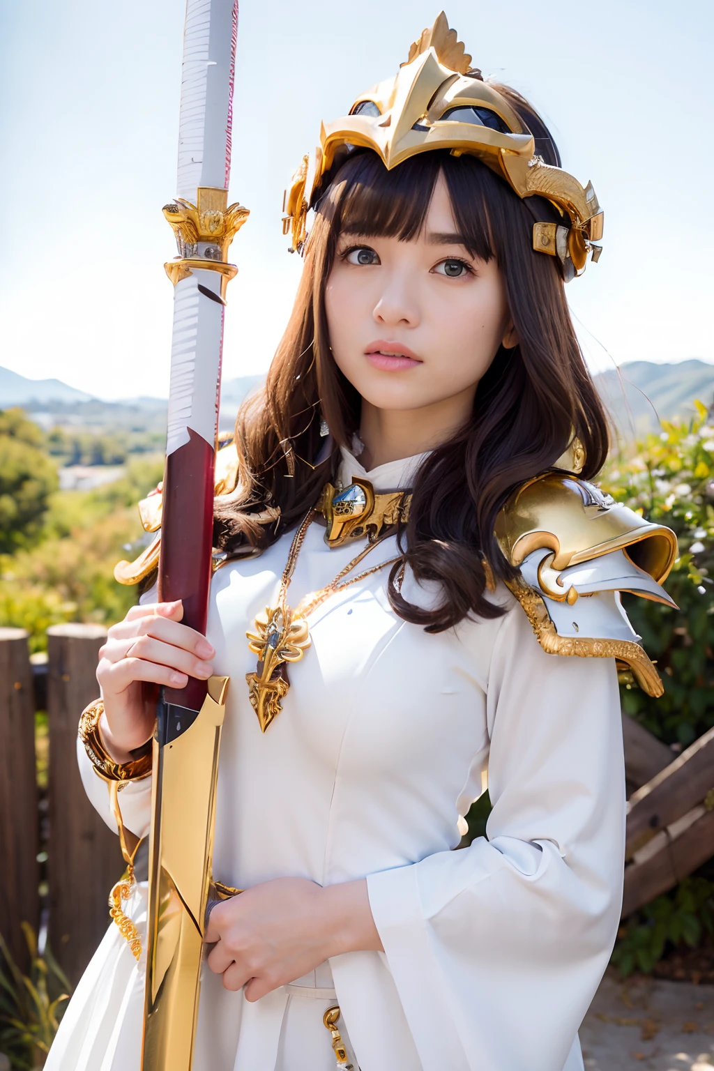 Professional , masterpiece、top-quality、photos realistic , depth of fields ,(Wind element),close-up,dream magical,tornado,Lightning,cleavage of the breast、(Gemstone Gold Jewel Body:1.6),(Matte White、Jewel Gold Weapon_、(Metal:1.4),Gorgeous Jewel Metal Weapons ,(( Detailed Sword of the Brave)) ,(Stand in front of the dragon)、(magic circles、Magic Chanting)、 Castle background ,warhammer 40k ,,Wear a gorgeous jewel helmet with attention to detail、Brown hair、((Gangle's forest background))、Beautiful Caucasian beauty、1a person、dynamic ungle,(((Legendary Armor Jewelry Helmet)))、Particles of light、cleavage of the breast、Battle Pose、Mystical expression、