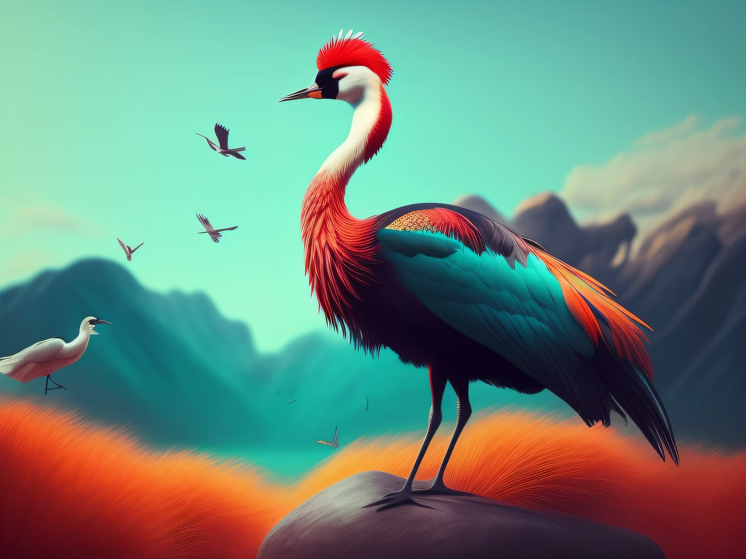 There is a one-legged red-crowned crane standing on a rock in the grass, Cyan back feathers,Red belly feathers,White mouth,a digital painting inspired by Mike Winkelmann, cgsociety contest winner, Fantasy art, fiery bird, birds f cgsociety, Beautiful digital artwork, surrealistic bird, Fantasy art Behance, stunning digital illustration, artwork of a phoenix, surrealistic bird, trend on behance 3d art