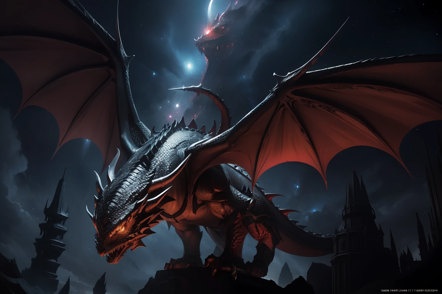 dark fantasy, dragon core, red_dragon, angry expression, giant wings, floating, shining scales, big slant up eyes, black fingernail, sacred temple background with starlight nebula sky in starlight, from below, pencil fine art, oil painting coloring, catch light, dynamic pose, dark palette, intricate detail texture, intricate detailed, tonal contrast, toon rendering, super fine illustration, ultra quality, best quality, high quality,