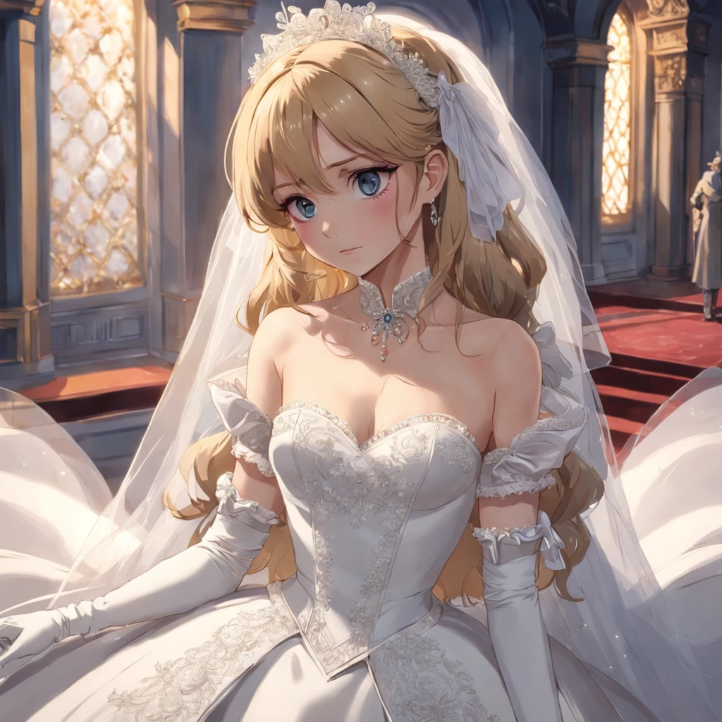 (Navia), 1girl, as a bride, wearing a white colour wedding frock, at a wedding ceremony, blonde hair, 8k, high detailed, high quality