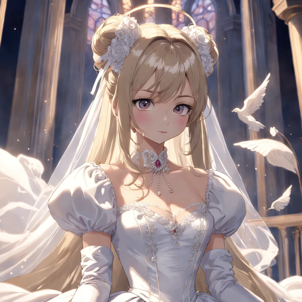 Best quality, Masterpiece, A stunningly beautiful Greer Gramer as a royal bride,Wearing a solemn and delicate white satin and tulle royal wedding dress,Decorated with a huge ribbon bow, Lace, frilld, Braided pleats, Embroidery and jewelry, With huge puff sleeves, Hourglass waist and voluminous Crinoline hoop skirt, bustle, and trains, white long gloves, pearl necklace and earrings, Carefully curly and styled hair