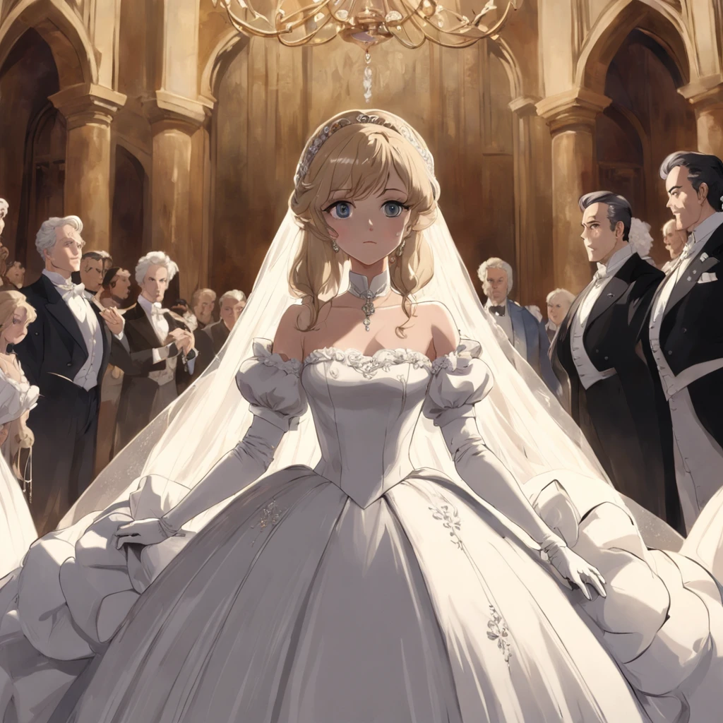Best quality, Masterpiece, A stunningly beautiful Greer Gramer as a royal bride,Wearing a solemn and delicate white satin and tulle royal wedding dress,Decorated with a huge ribbon bow, Lace, frilld, Braided pleats, Embroidery and jewelry, With huge puff sleeves, Hourglass waist and voluminous Crinoline hoop skirt, bustle, and trains, white long gloves, pearl necklace and earrings, Carefully curly and styled hair
