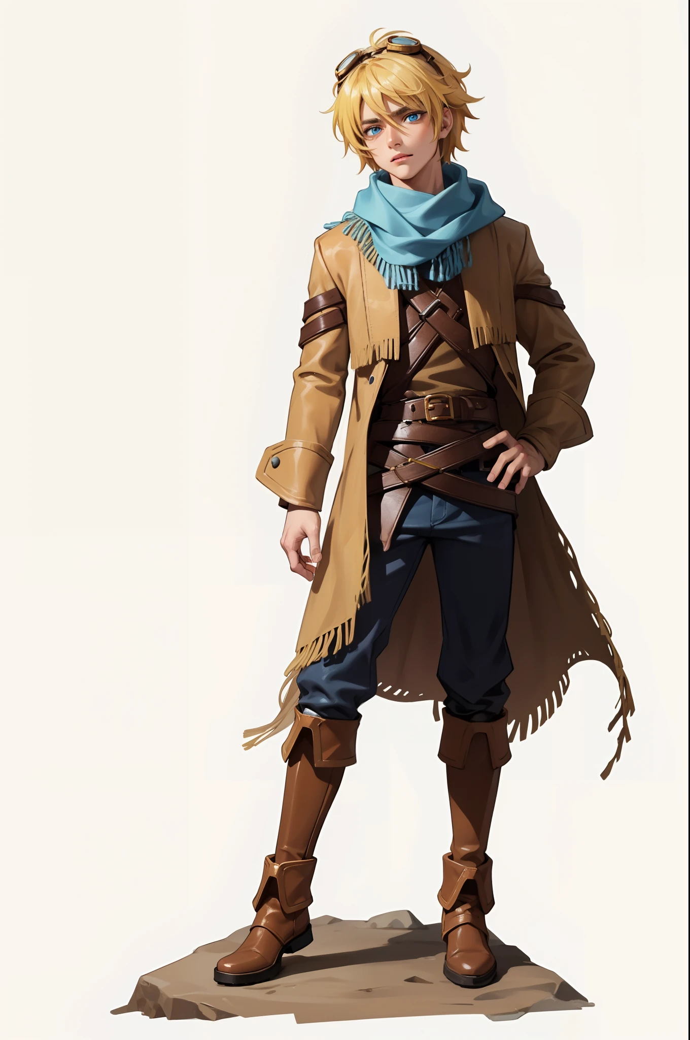 White background, High Quality, ((full body)), (detailed face), (detailed eyes), standing, Eye Height, solo, Front Angle, Nothing in hand, 1Man, ((Male)), Lightly Tanned Skin, (((Blonde Hair))), ezreal, brown winter jacket, goggles on head, belt, Blue long Scarf