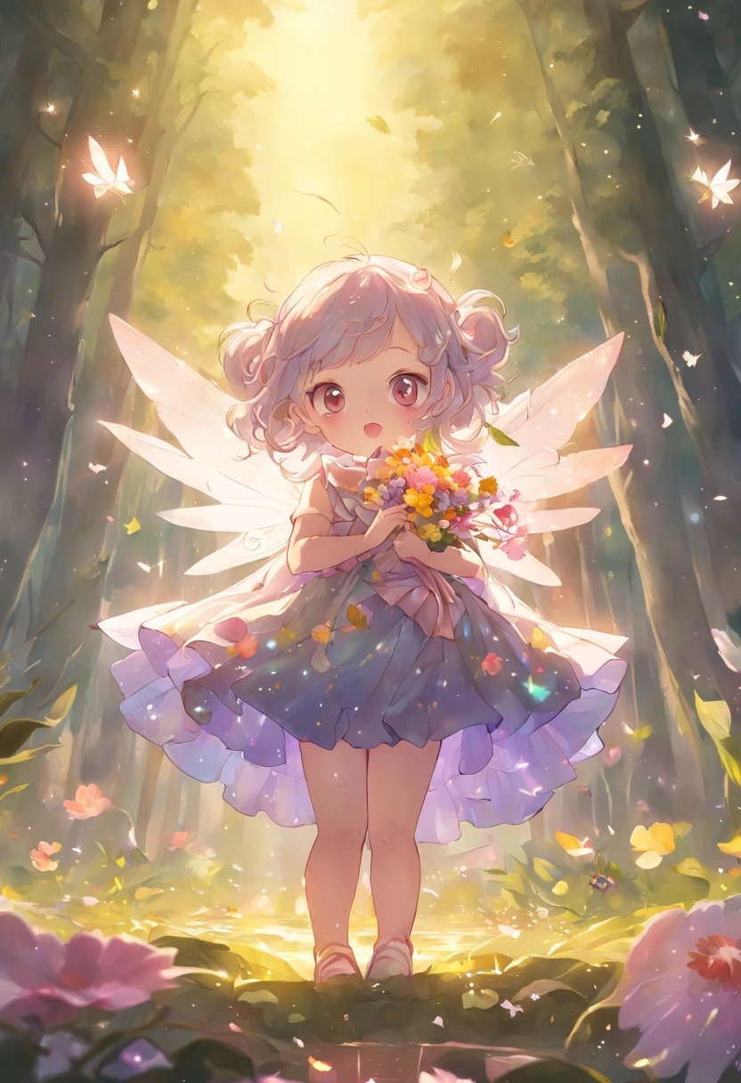 ln the forest,night moon,Mini cute 3 year old flower fairy, Chubby toot,Skirt made of petals,fresh flowers,Colorful colorful,Transparent colorful wings, Magic wand,closeup cleavage,Light attenuation,Glow effects,depth of fields,high light,Real light,Ray traching,oc rendered,Hyper-realistic,best qualtiy,8K,Works of masters,super-fine,Detailed pubic hair,Correct anatomy,sharp focus on eyes,Bokeh,Facial features are carefully depicted