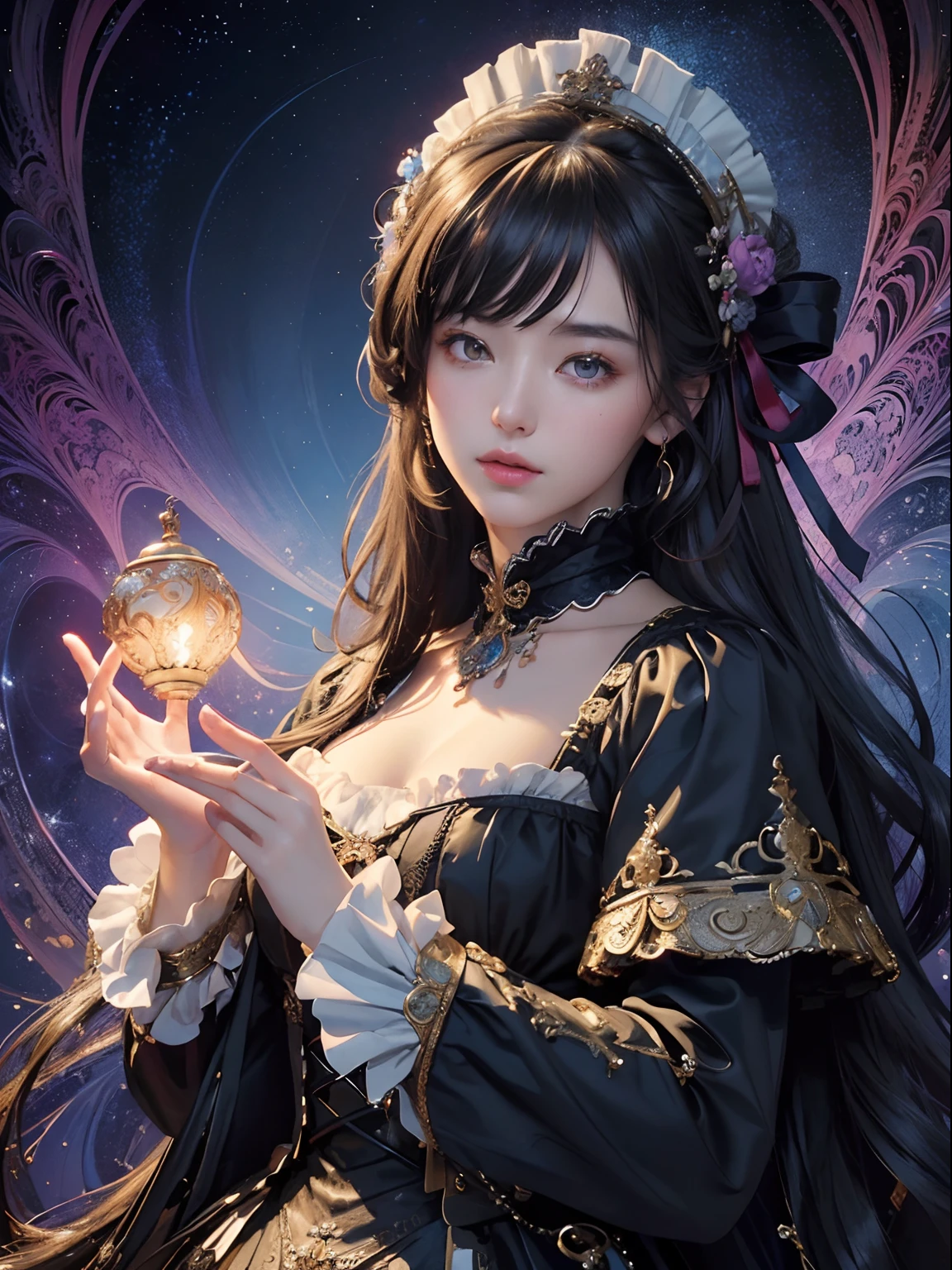 (tmasterpiece、top-quality、top-quality、Detailed and complex、offcial art、aestheticly pleasing:1.3)、(1girl in:1.3)、(Fractal art:1.3)、extremely colorful、Vivid、Victorian costumes