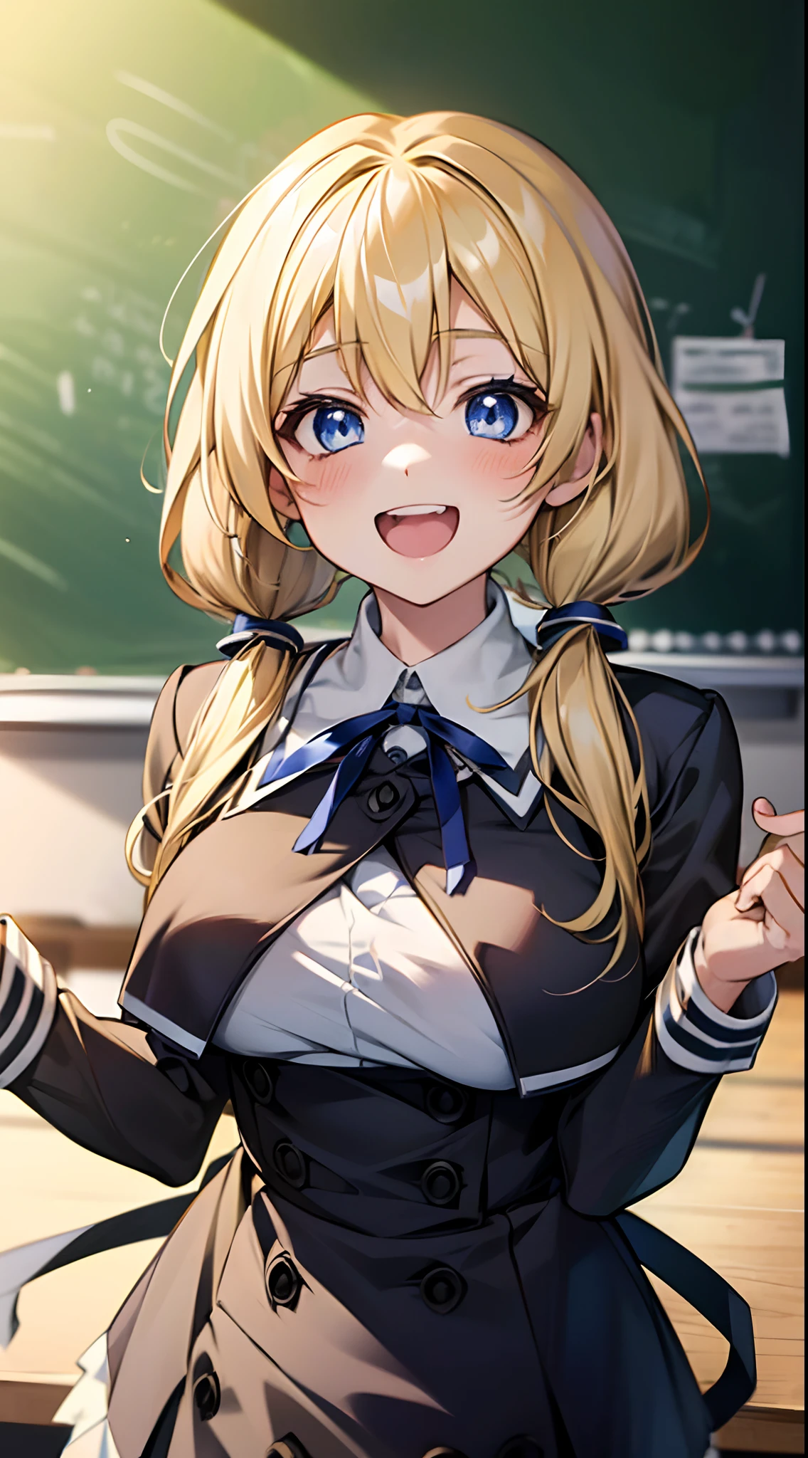 solo, (((anime girl with long blonde hair))), ((single pigtail tied with blue ribbon)), (blue eyes), ((happy expression)), school uniform, skirt, ((classroom in background)), ((high quality)), (extremely detailed)