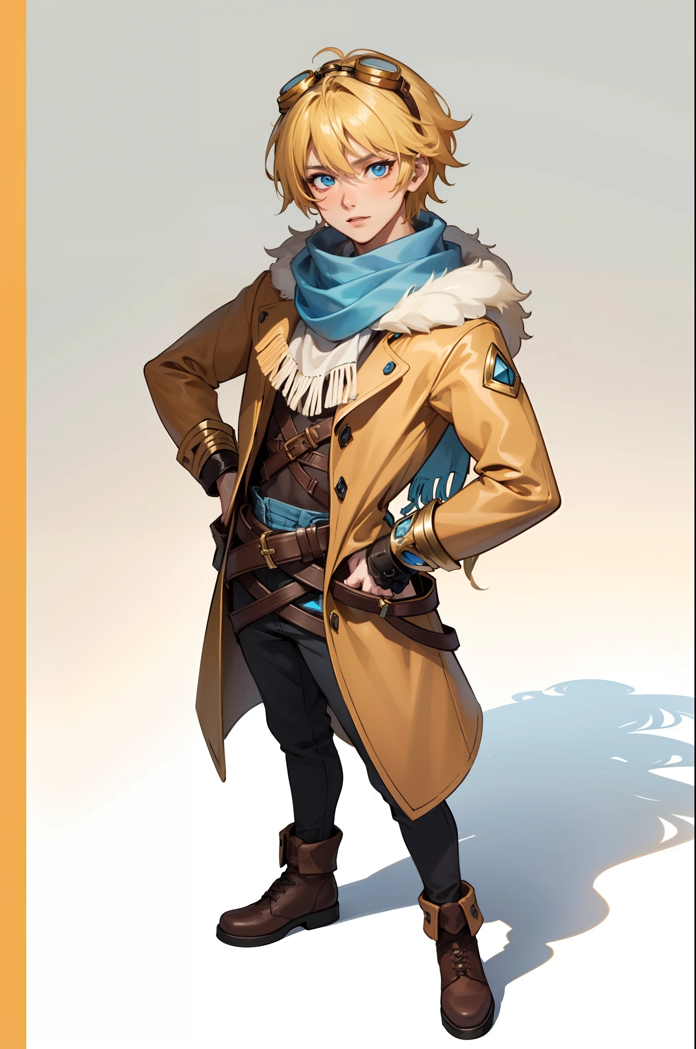 White background, High Quality, ((full body)), (detailed face), (detailed eyes), standing, Eye Height, solo, Front Angle, Nothing in hand, 1Man, ((Male)), Lightly Tanned Skin, (((Blonde Hair))), ezreal, brown winter jacket, goggles on head, belt, Blue long Scarf