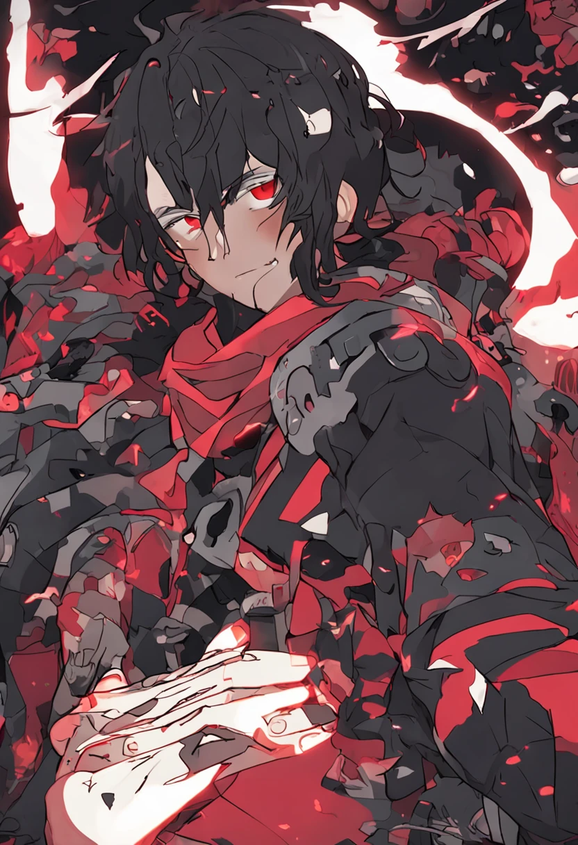 Black hair and red eyes,The boy lies on his back and laughs evilly