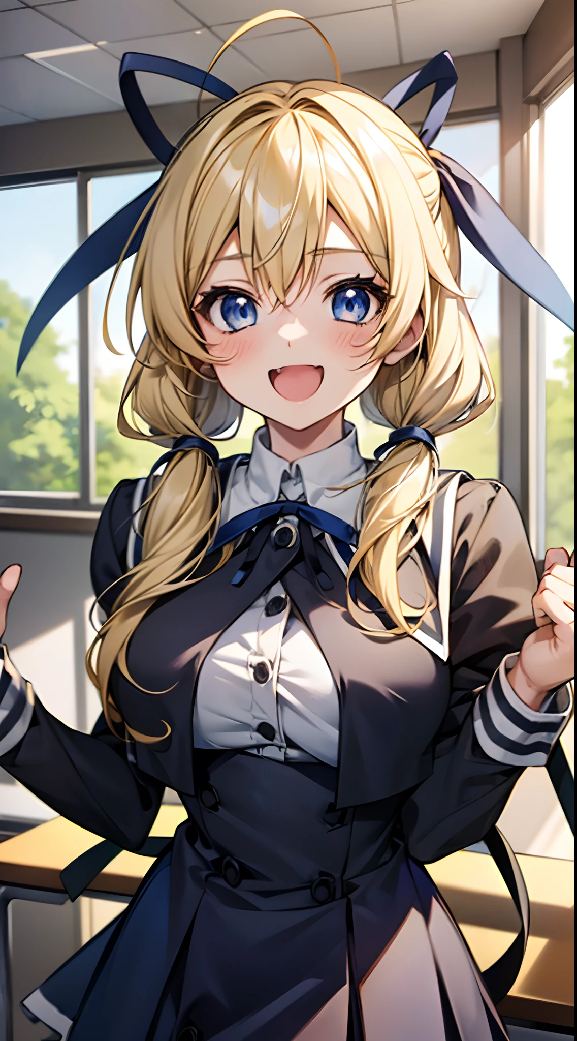 solo, (((anime girl with long blonde hair))), ((single pigtail tied with blue ribbon)), (blue eyes), ((happy expression)), school uniform, skirt, ((classroom in background)), ((high quality)), (extremely detailed)