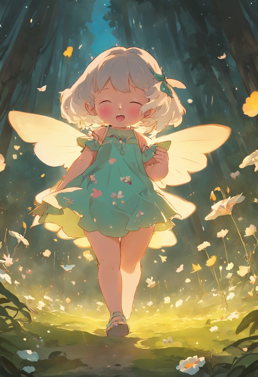 ln the forest,night moon,Mini cute 3 flower fairy, Chubby toot,Skirt made of petals,fresh flowers,Colorful colorful,Transparent colorful wings, Magic wand,closeup cleavage,Light attenuation,Glow effects,depth of fields,high light,Real light,Ray traching,oc rendered,Hyper-realistic,best qualtiy,8K,Works of masters,super-fine,Detailed pubic hair,Correct anatomy,sharp focus on eyes,Bokeh,Facial features are carefully depicted,in style of hayao miyazaki,Miyazaki animation style
