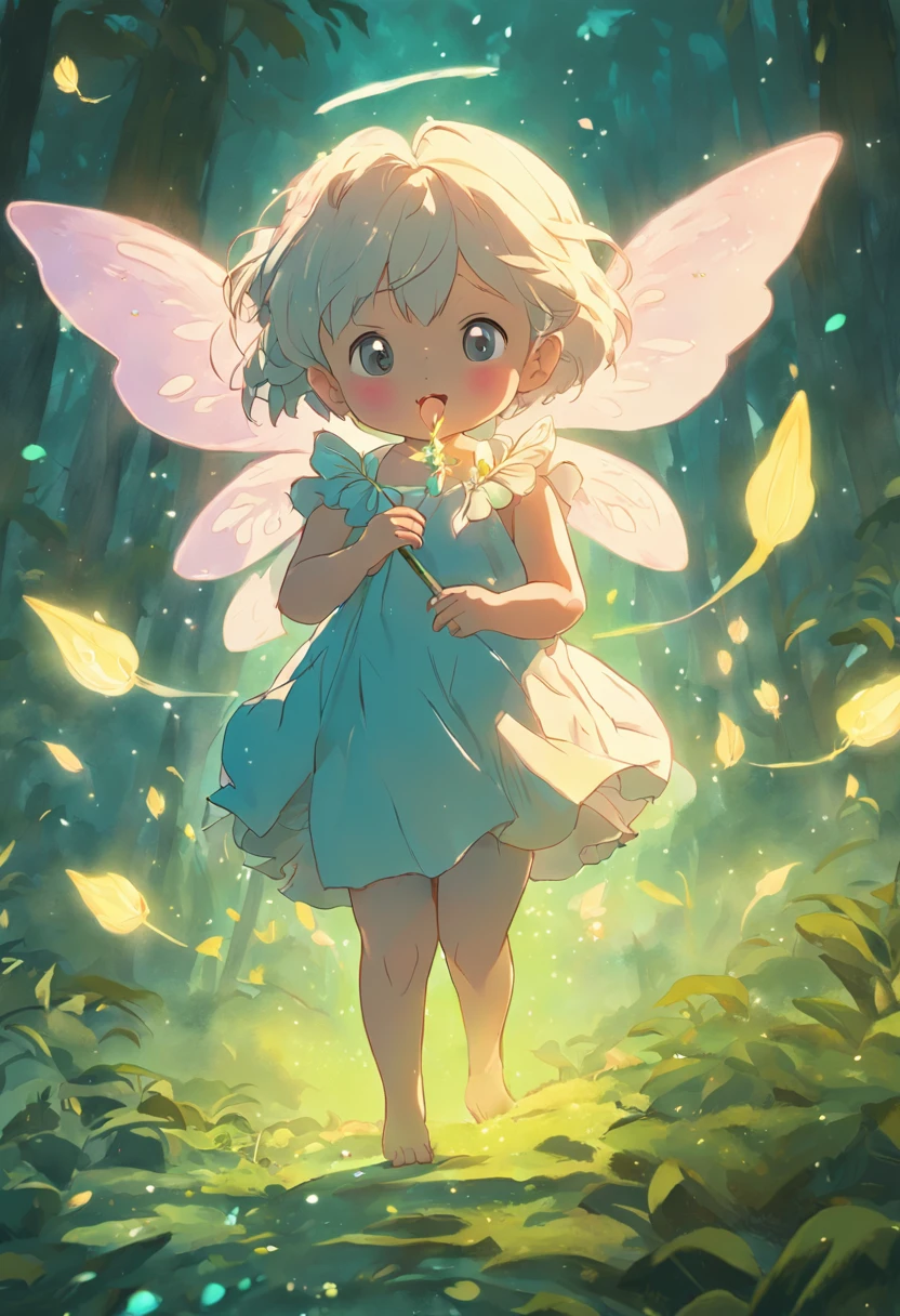 ln the forest，night moon，Mini cute 3 year old flower fairy, Chubby toot，Skirt made of petals，fresh flowers，Colorful colorful，Transparent colorful wings, Magic wand，closeup cleavage，Light attenuation，Glow effects，depth of fields，high light，Real light，Ray traching，oc rendered，Hyper-realistic，best qualtiy，8K，Works of masters，super-fine，Detailed pubic hair，Correct anatomy，sharp focus on eyes，Bokeh，Facial features are carefully depicted，in style of hayao miyazaki，Miyazaki animation style