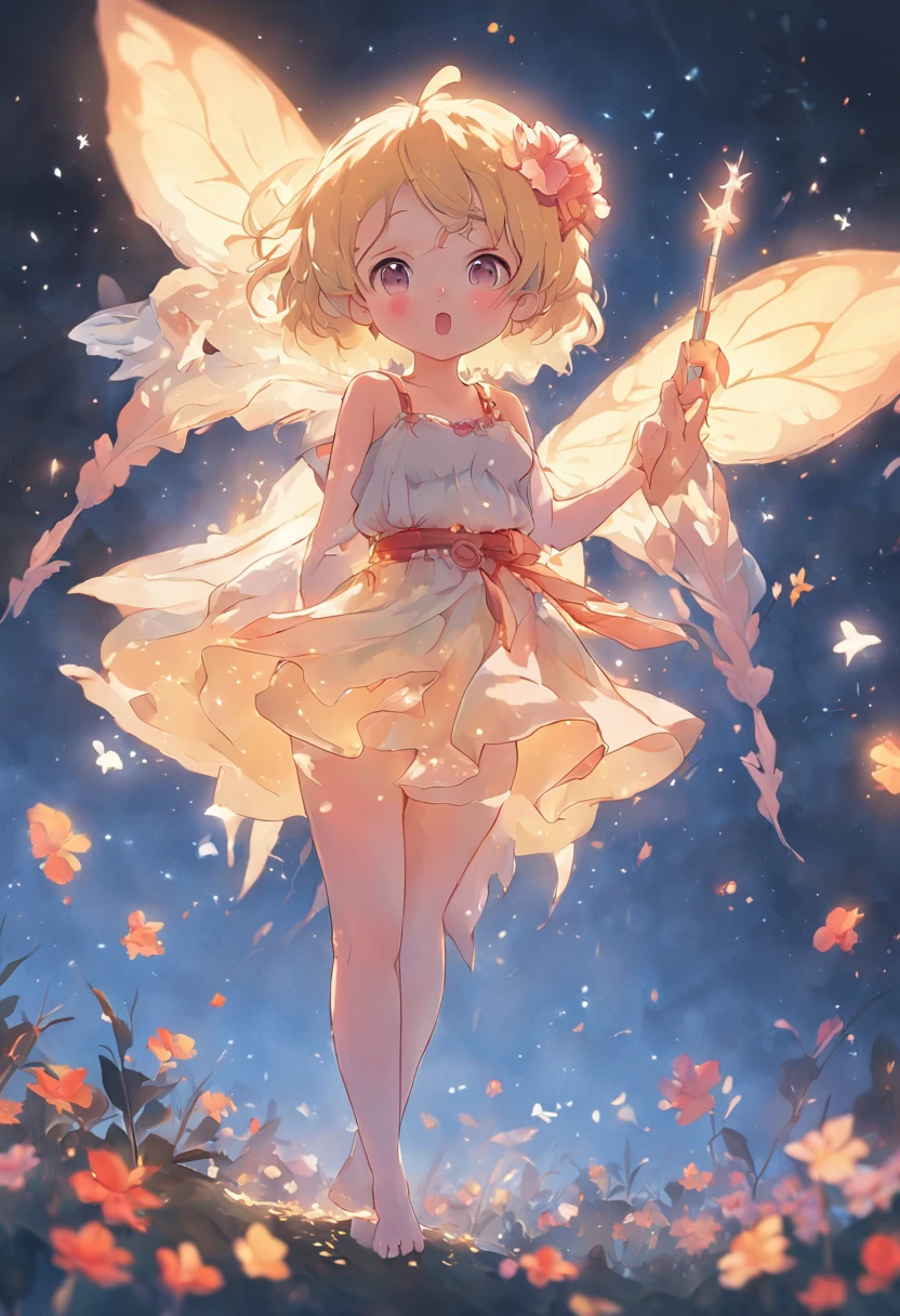 ln the forest,night moon,Mini cute 3 flower fairy, Chubby toot,Skirt made of petals,fresh flowers,Colorful colorful,Transparent colorful wings, Magic wand,closeup cleavage,Light attenuation,Glow effects,depth of fields,high light,Real light,Ray traching,oc rendered,Hyper-realistic,best qualtiy,8K,Works of masters,super-fine,Detailed pubic hair,Correct anatomy,sharp focus on eyes,Bokeh,Facial features are carefully depicted,in style of hayao miyazaki,Miyazaki animation style