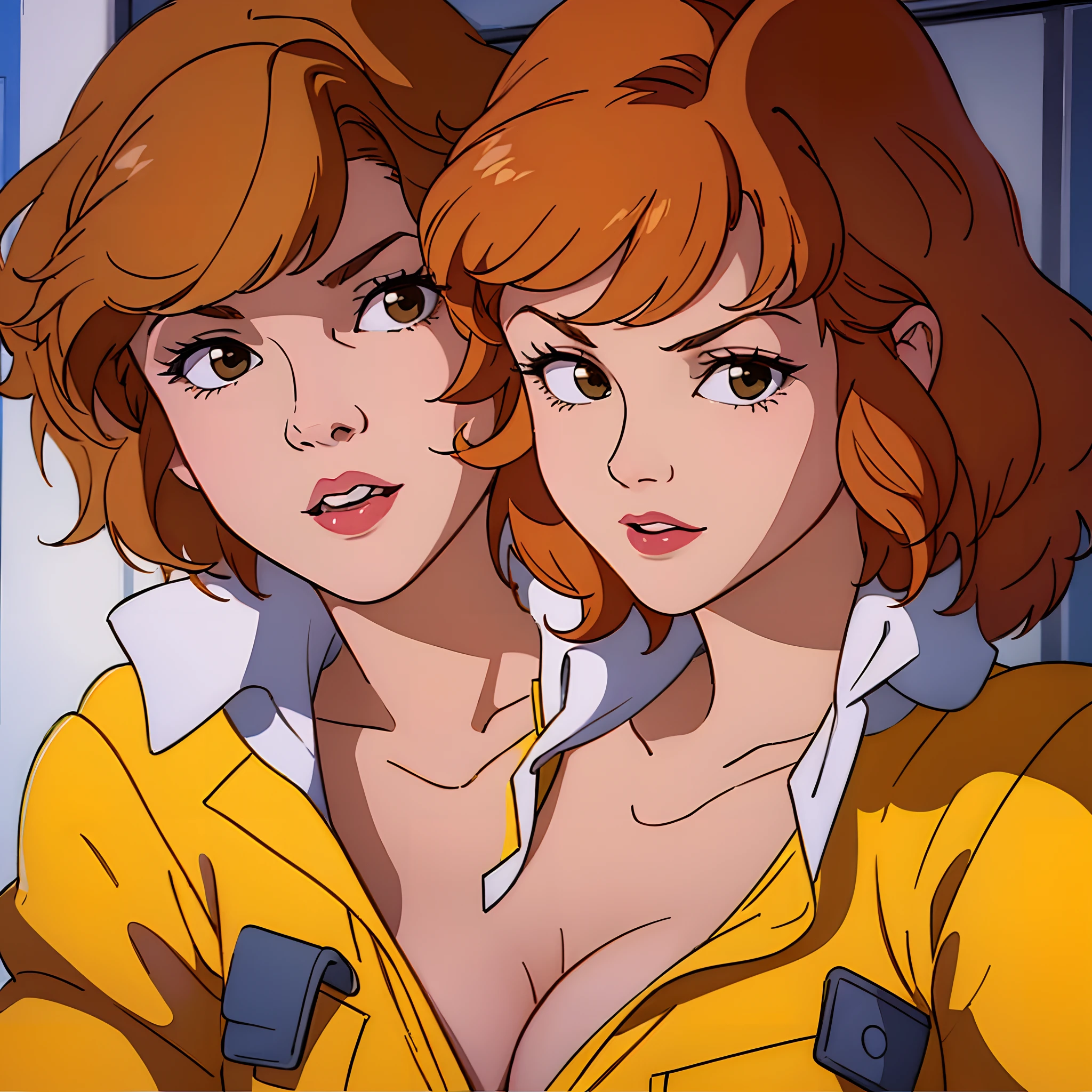 cowboy shot, april o'neil, 1980s \(style\), 1girl, brown hair, orange hair, retro artstyle, short hair, solo, yellow jumper suit, unbutton_shirt, (white bra slip:1.2), medium_breasts, cleavage, siamese twins, two necks attached to one body