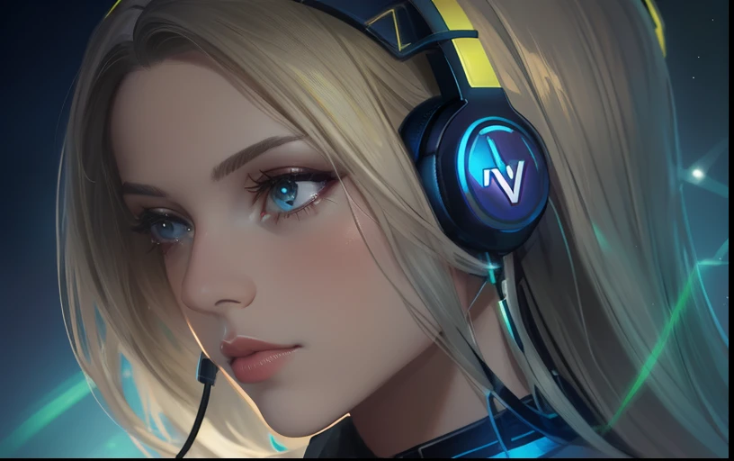 Close up of a woman wearing headphones and luminous background, orianna, artgerm detailed, Extremely detailed Artgerm, Art germ. High detail, artgerm portrait,, Artistic germ style, Artgerm JSC，Nova，Look to the right