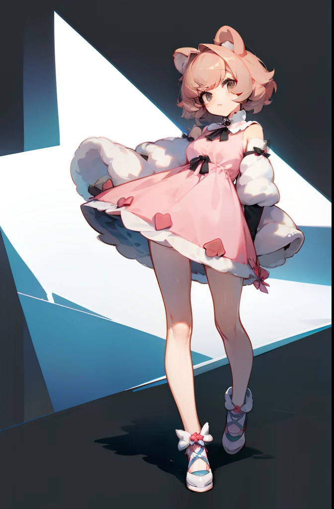 A bear of unknown gender has the ears of a bear wearing a cute short dress. short and fluffy hair