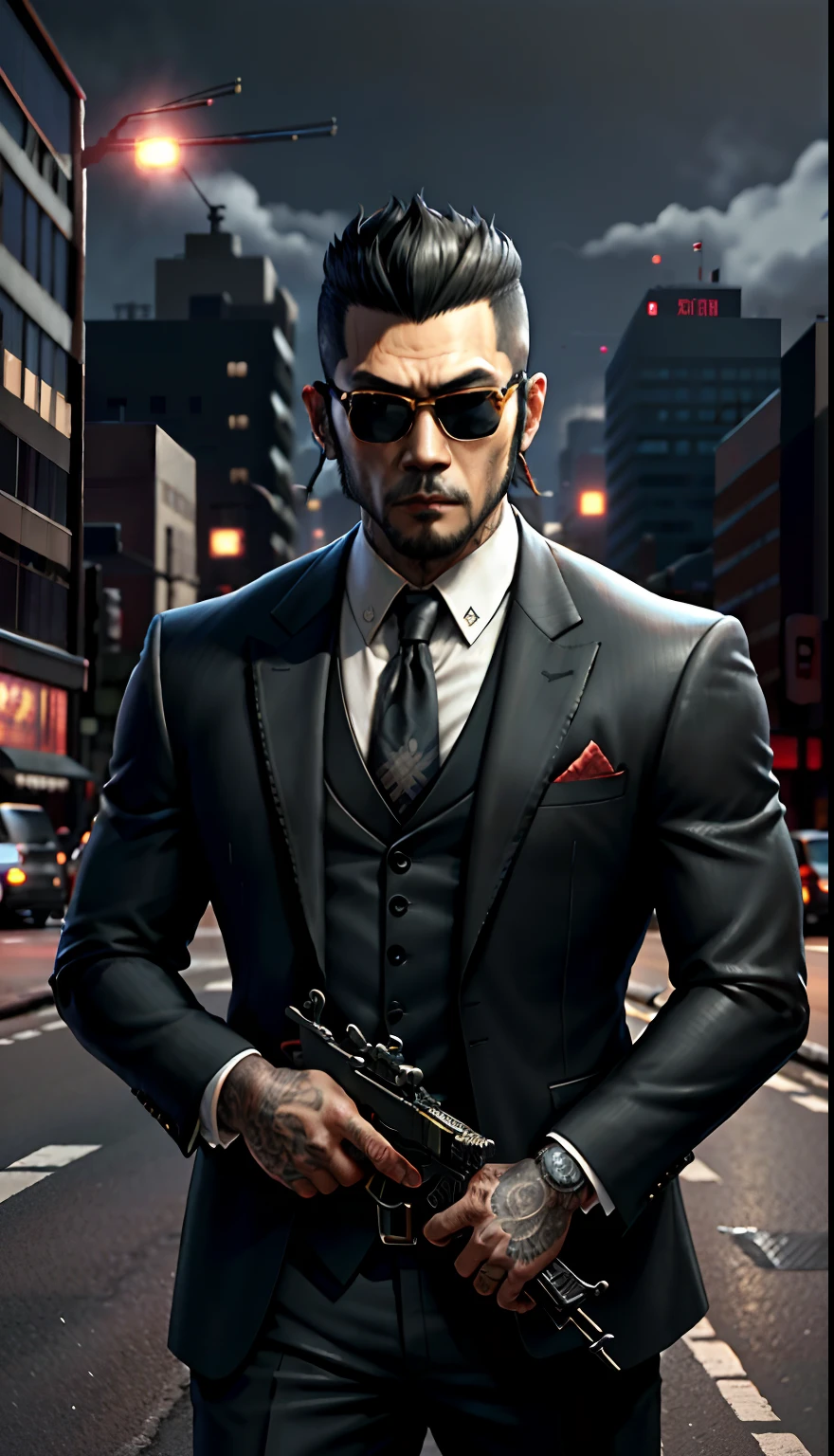 yakuza with black three-piece suit and carrying an ak-47, gangster, black sunglasses, mafia, city backdrop, cartoon, stylish, intricate details, 1080x1080, hyperdetailed, cinematic, rim light, danger atmosphere