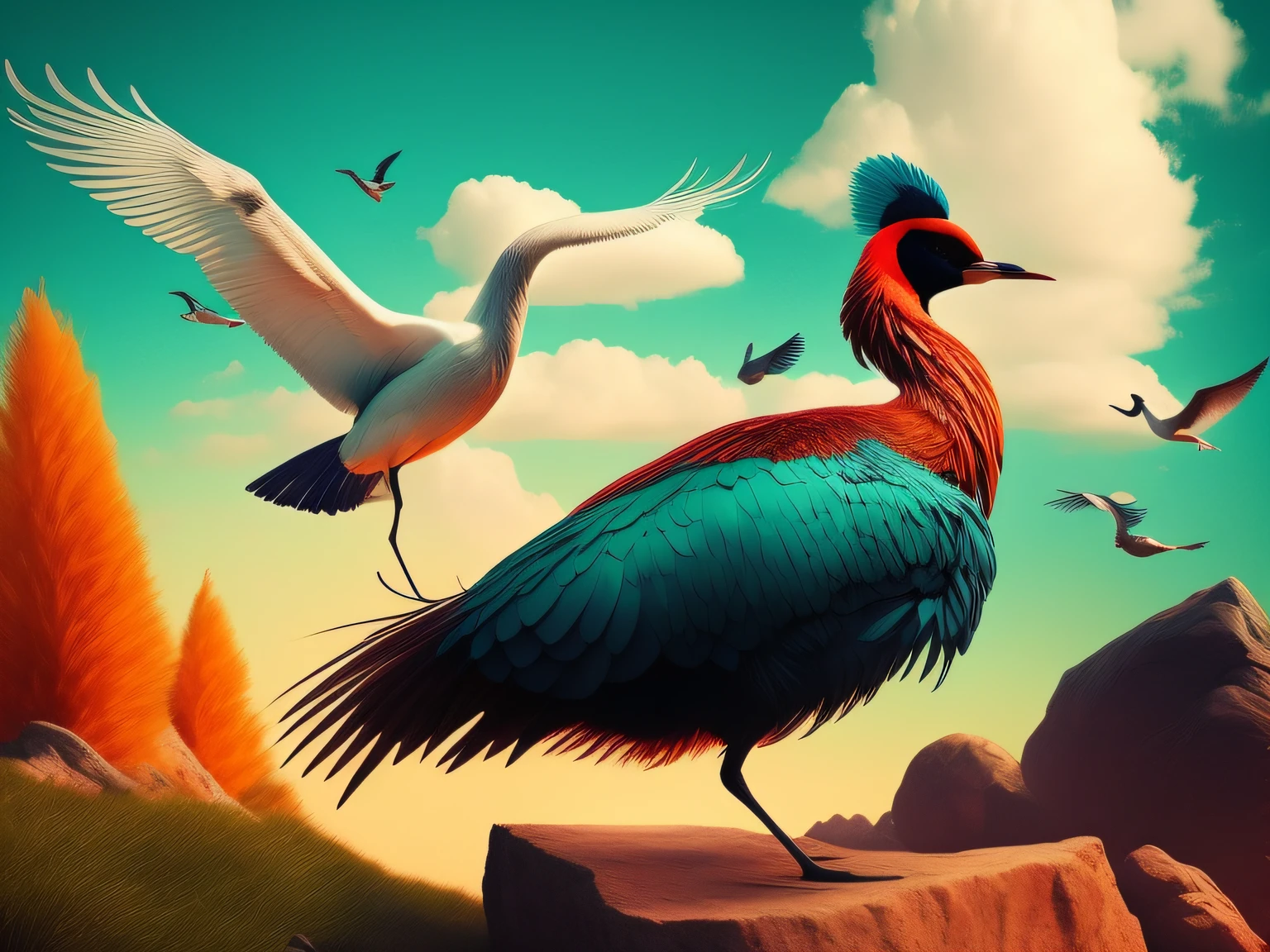 There is a one-legged red-crowned crane standing on a rock in the grass, Cyan back feathers,Red belly feathers,White mouth,a digital painting inspired by Mike Winkelmann, cgsociety contest winner, Fantasy art, fiery bird, birds f cgsociety, Beautiful digital artwork, surrealistic bird, Fantasy art Behance, stunning digital illustration, artwork of a phoenix, surrealistic bird, trend on behance 3d art