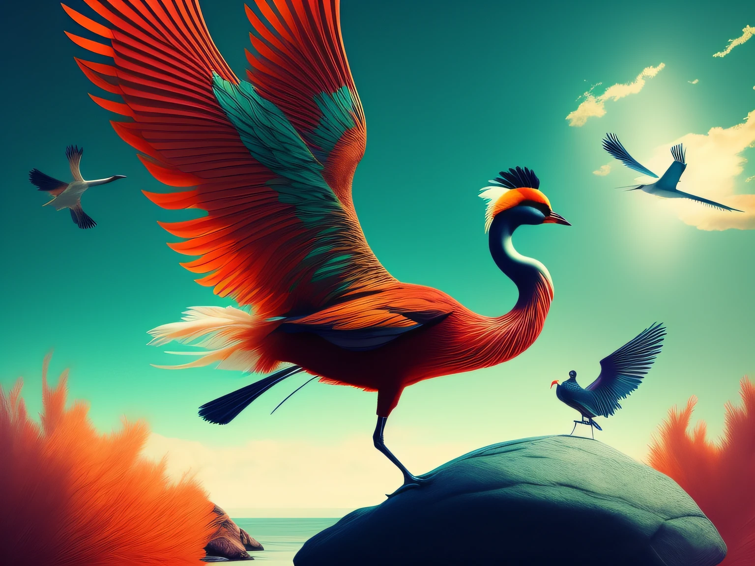There is a one-legged red-crowned crane standing on a rock in the grass, Cyan back feathers,Red belly feathers,White mouth,a digital painting inspired by Mike Winkelmann, cgsociety contest winner, Fantasy art, fiery bird, birds f cgsociety, Beautiful digital artwork, surrealistic bird, Fantasy art Behance, stunning digital illustration, artwork of a phoenix, surrealistic bird, trend on behance 3d art