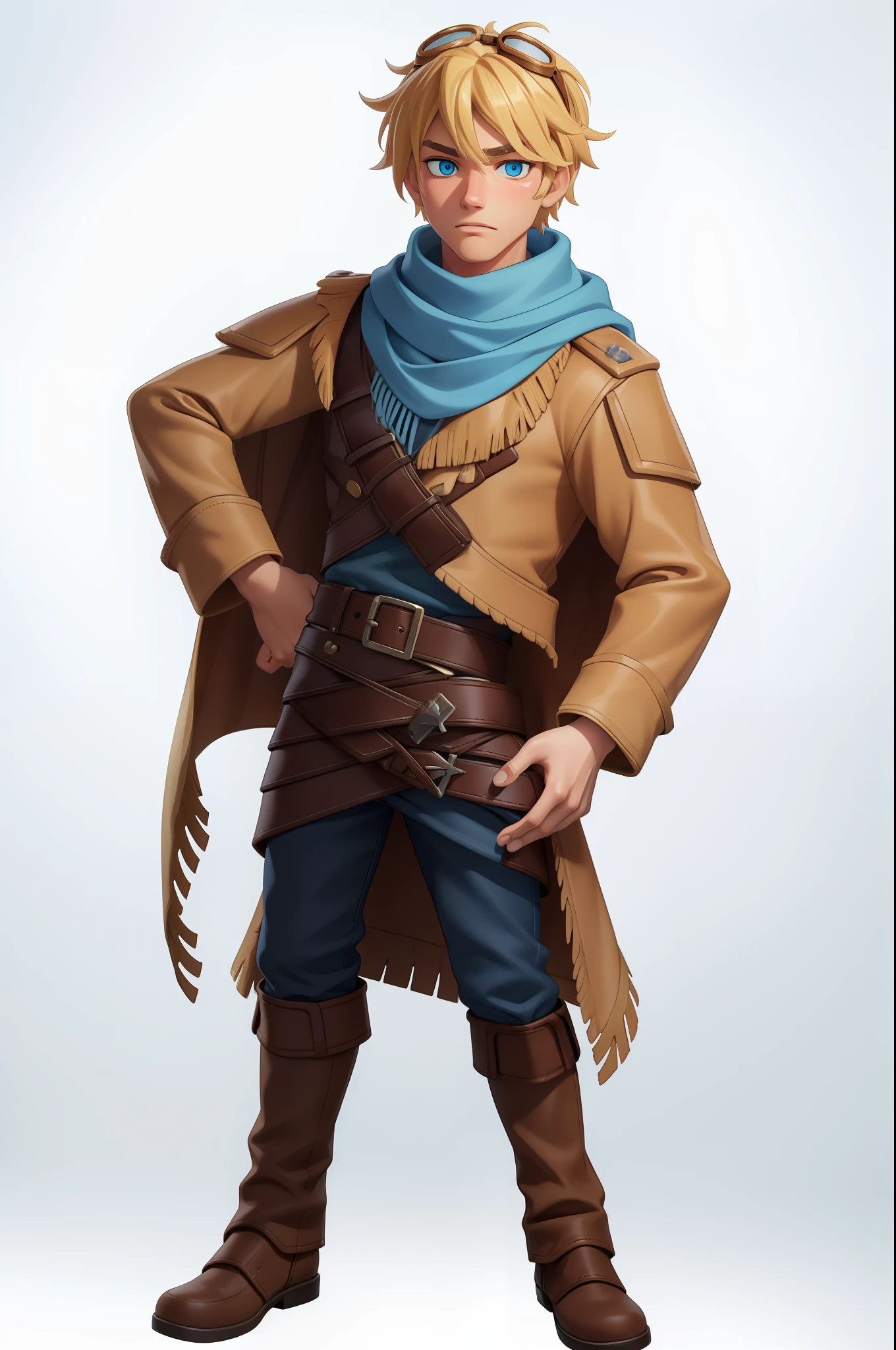 White background, High Quality, ((full body)), (detailed face), (detailed eyes), standing, Eye Height, solo, Front Angle, Nothing in hand, 1Man, ((Male)), Lightly Tanned Skin, (((Blonde Hair))), ezreal, brown winter jacket, goggles on head, belt, Blue long Scarf